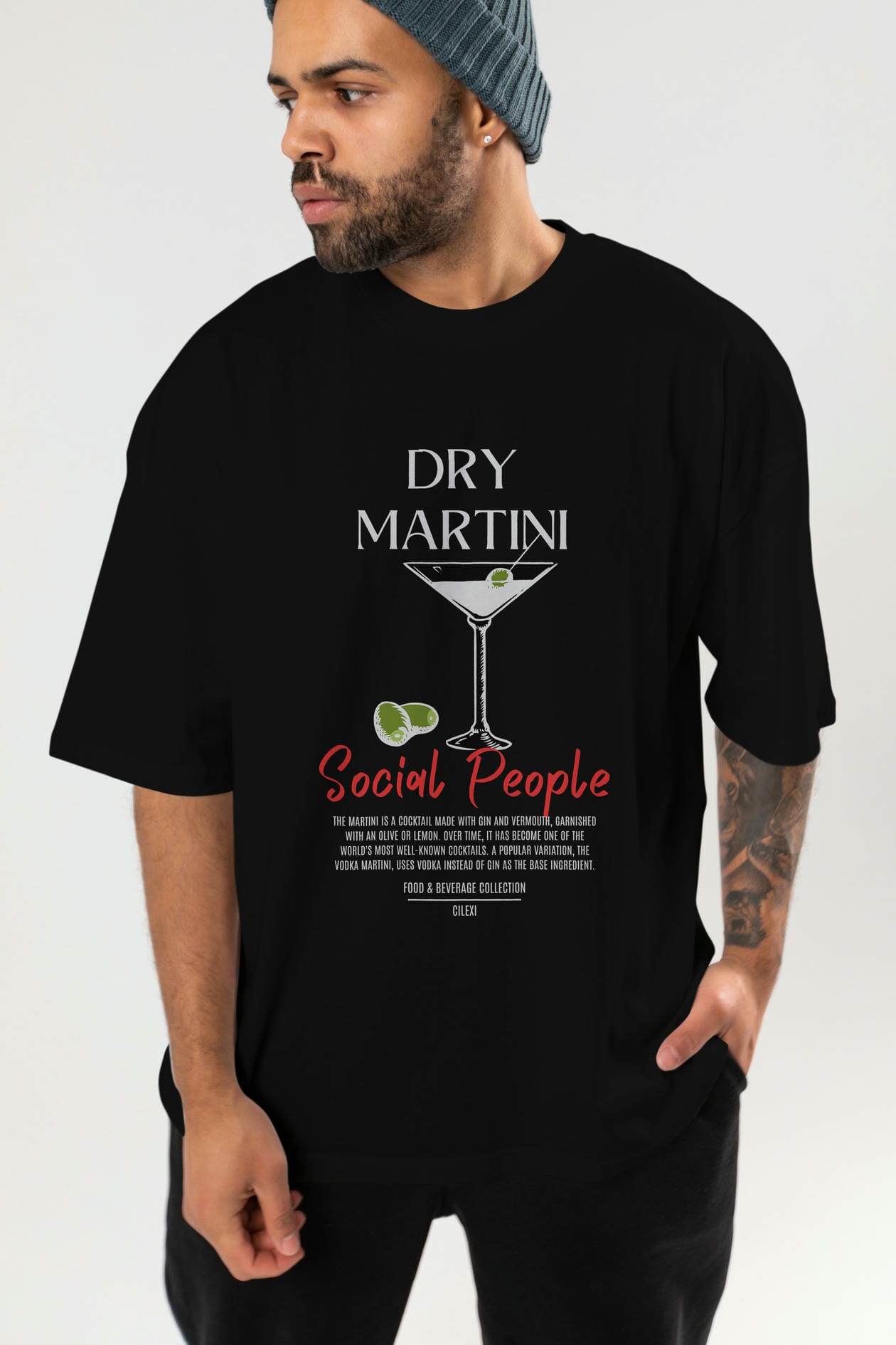 Dry Martını Kokteyl Serisi ön Baskılı Oversize t-shirt Erkek Kadın %100 Pamuk Bisiklet Yaka tişort