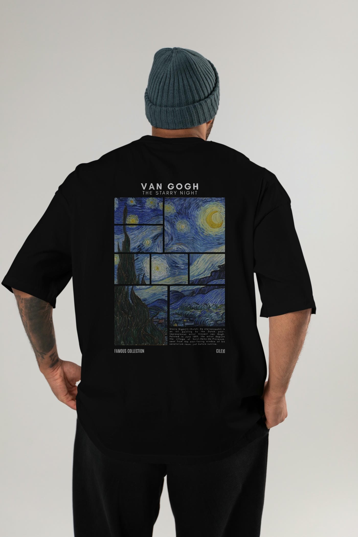 Van Gogh The Starry Night Arka Baskılı Oversize t-shirt Erkek Kadın Bisiklet Yaka Pamuk tişort