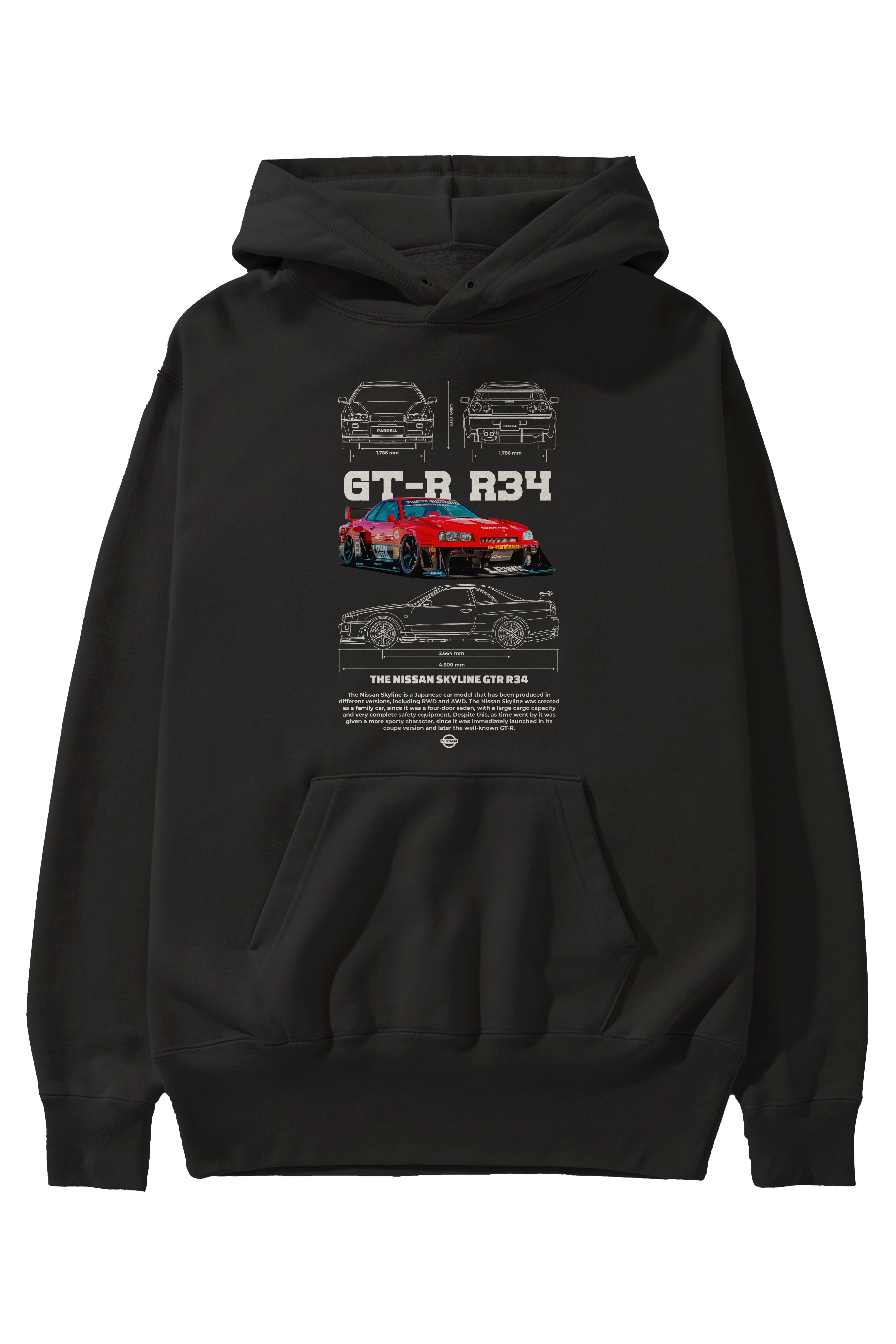 NISSAN GT-R R34 RED Ön Baskılı Hoodie Oversize Kapüşonlu Sweatshirt Erkek Kadın Unisex