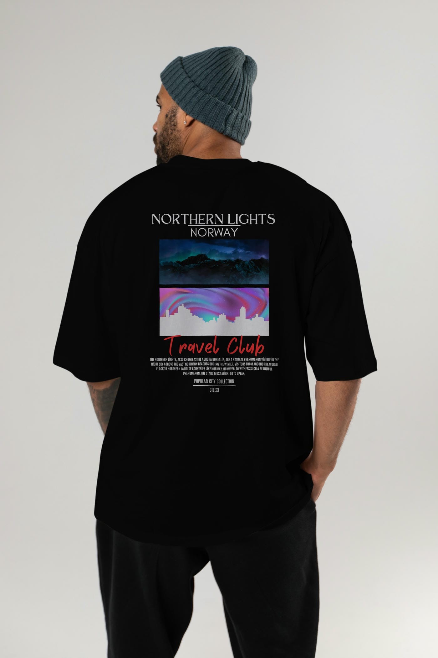 Northern Lights Norway Arka Baskılı Oversize t-shirt Erkek Kadın Pamuk Bisiklet Yaka tişort