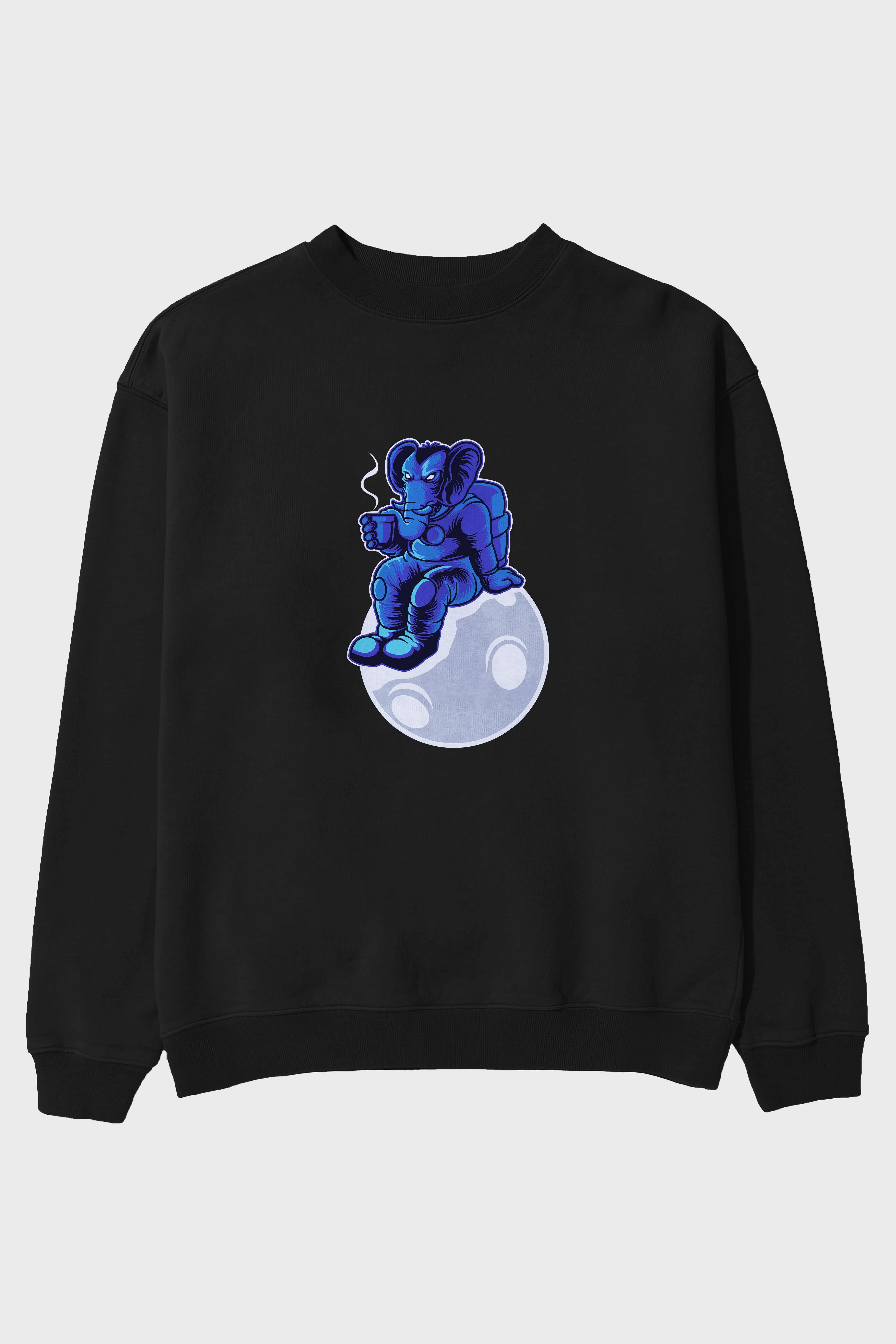 Space Elephant Drink Coffee Ön Baskılı Oversize Sweatshirt Erkek Kadın Unisex