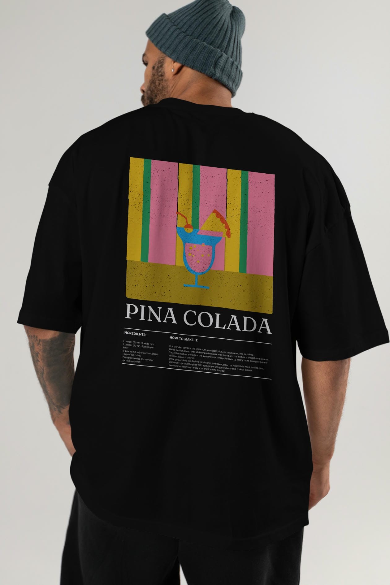 Pina Colada Kokteyl Serisi Arka Baskılı Oversize t-shirt Erkek Kadın %100 Pamuk Bisiklet Yaka tişort