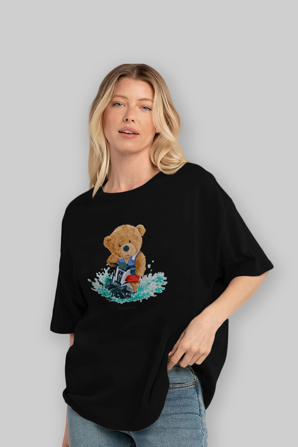 Teddy Bear Splash Up Ön Baskılı Oversize t-shirt Erkek Kadın Unisex %100 Pamuk