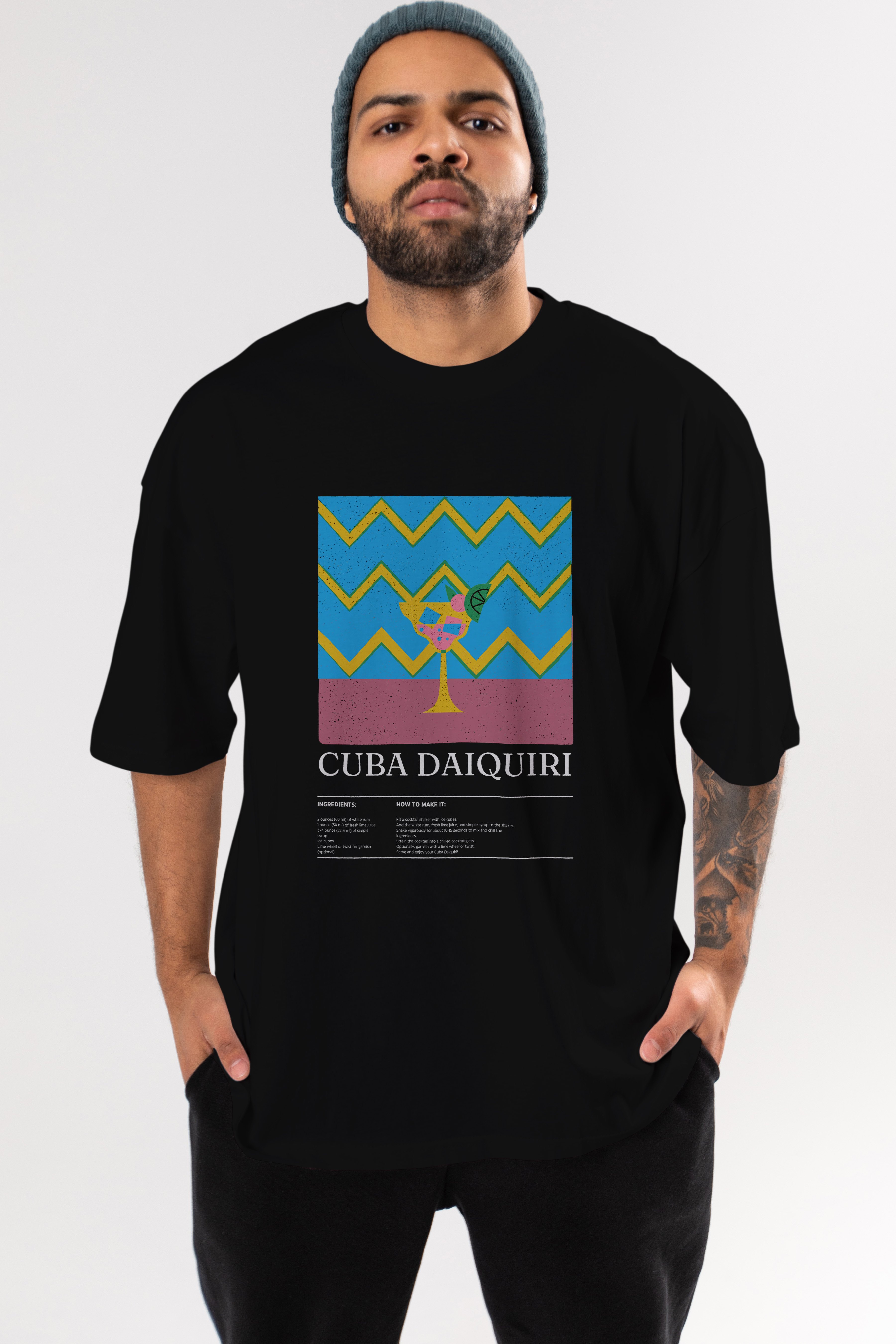 Cuba Daiquiri Kokteyl Ön Baskılı Oversize t-shirt Erkek Kadın %100 Pamuk Bisiklet Yaka tişort