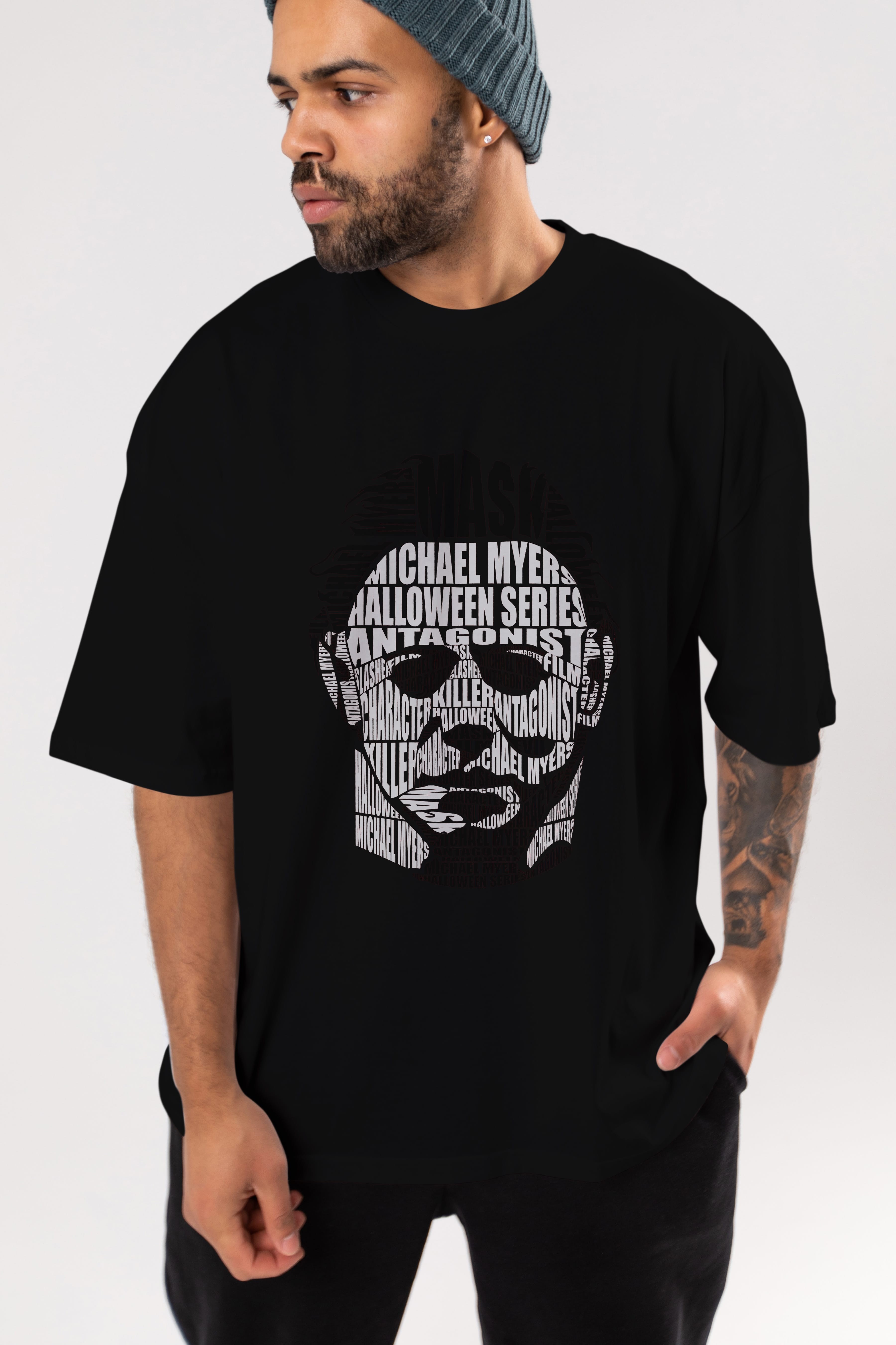 Michael Myers Calligram Ön Baskılı Oversize t-shirt %100 pamuk Erkek Kadın Unisex