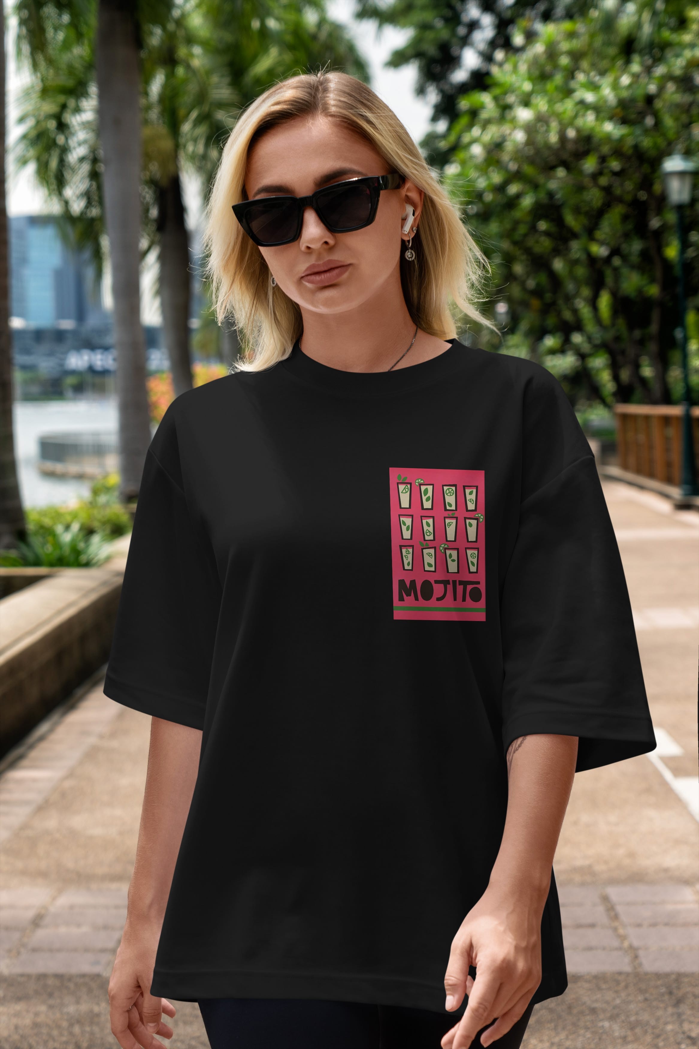 Mojito Ön Sol Baskılı Oversize t-shirt Erkek Kadın Unisex %100 Pamuk Bisiklet Yaka tişort