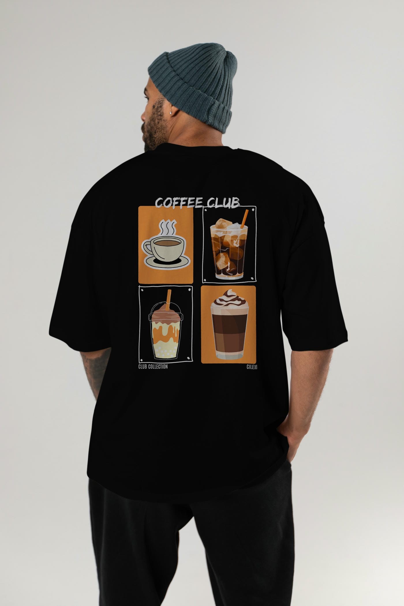Coffee Club Arka Baskılı Oversize t-shirt Erkek Kadın %100 Pamuk Bisiklet Yaka tişort