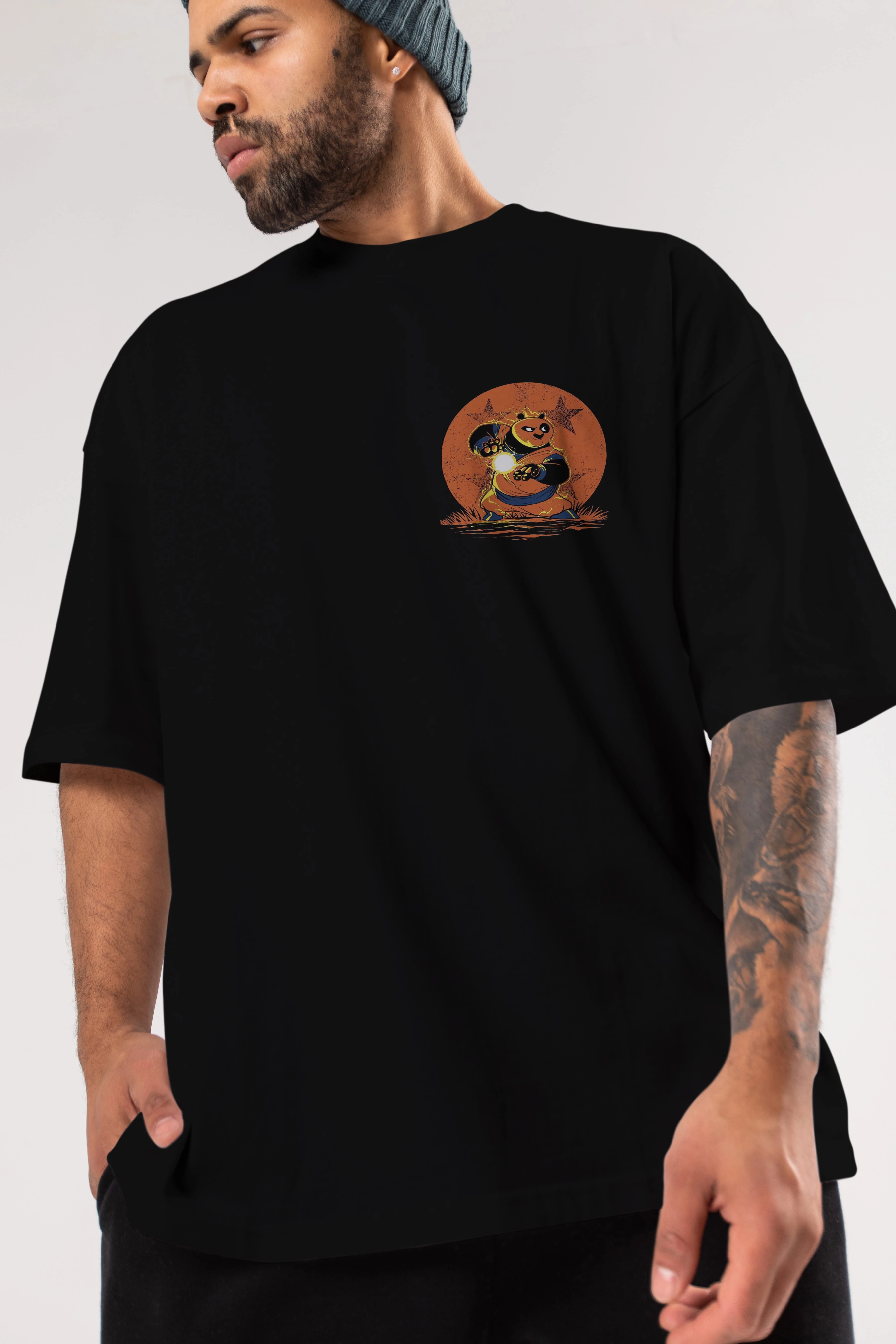 Kung Fu Panda Ön Sol Baskılı Oversize t-shirt Erkek Kadın Unisex %100 Pamuk Bisiklet Yaka tişort