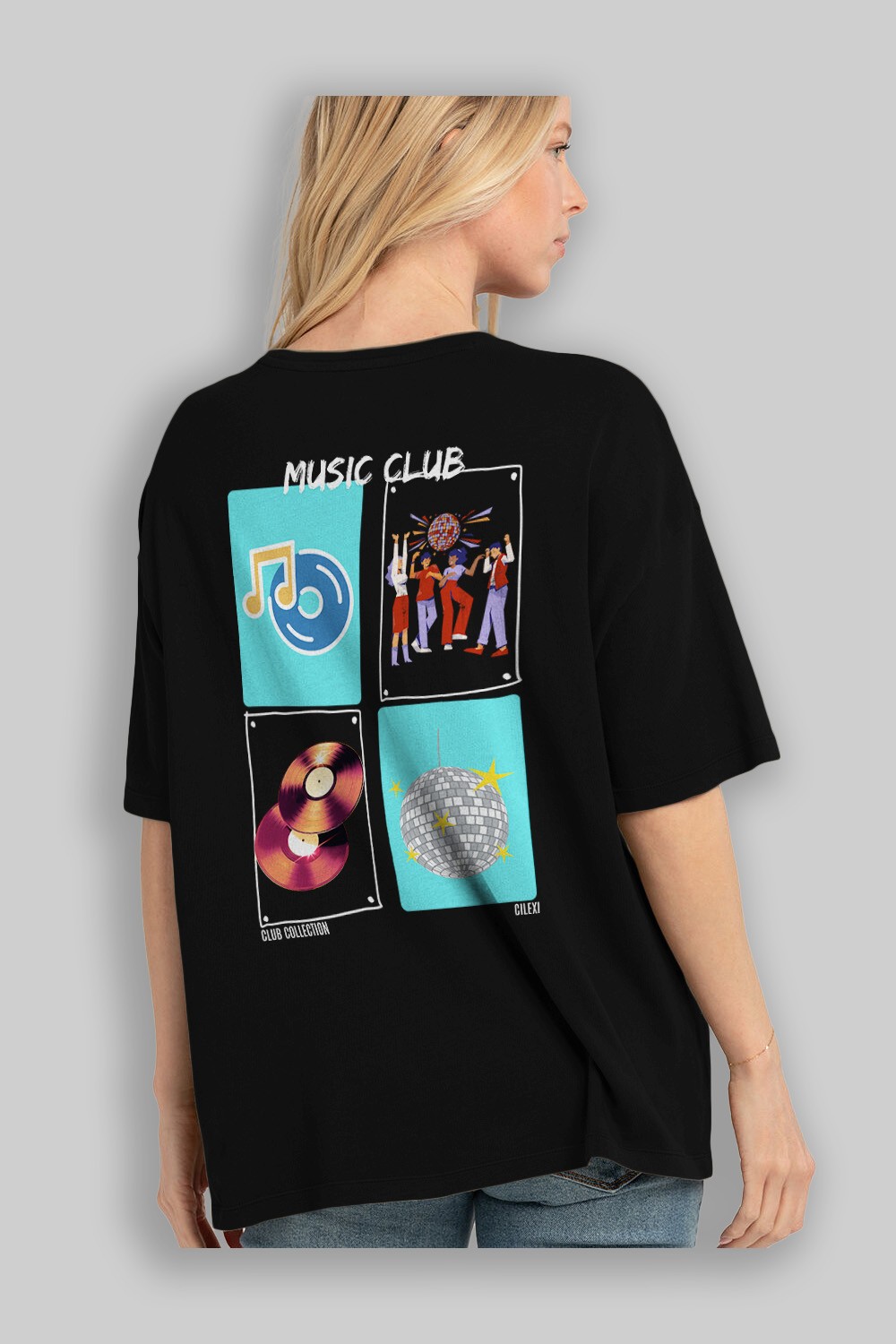 Music Club Arka Baskılı Oversize t-shirt Erkek Kadın %100 Pamuk Bisiklet Yaka tişort