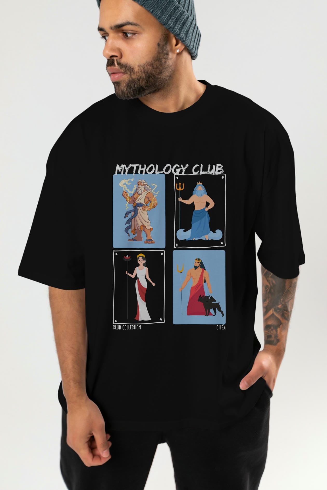 Mythology Club 2 ön Baskılı Oversize t-shirt Erkek Kadın %100 Pamuk Bisiklet Yaka tişort