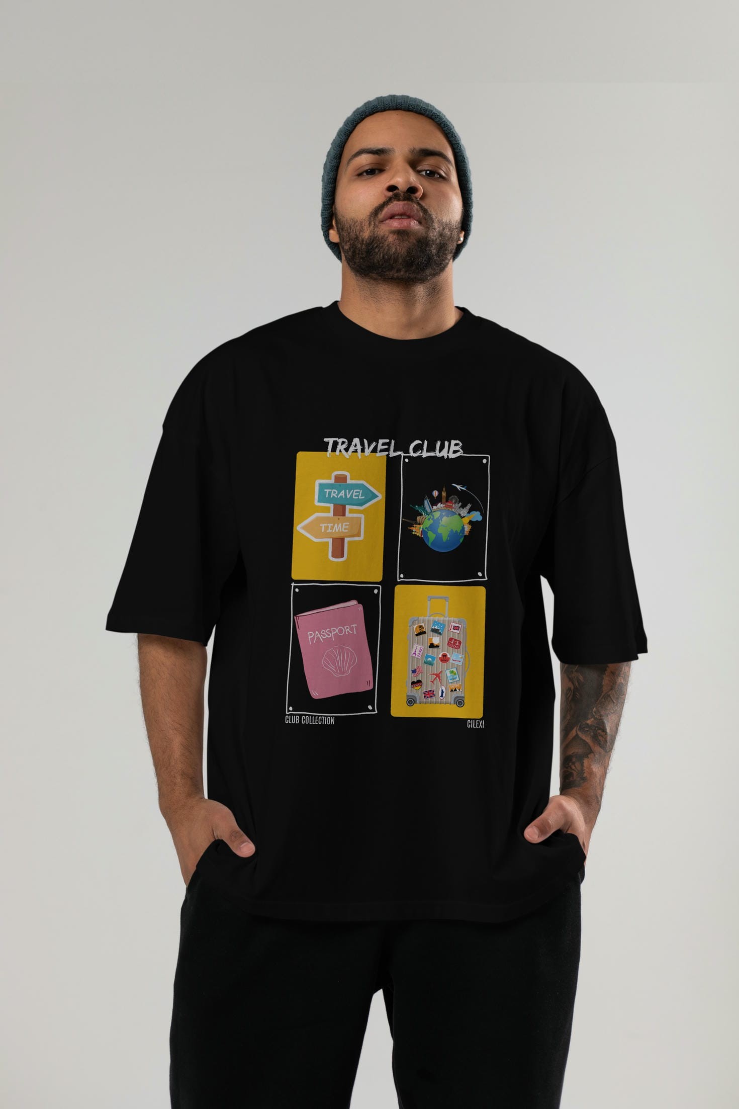 Travel Club ön Baskılı Oversize t-shirt Erkek Kadın %100 Pamuk Bisiklet Yaka tişort
