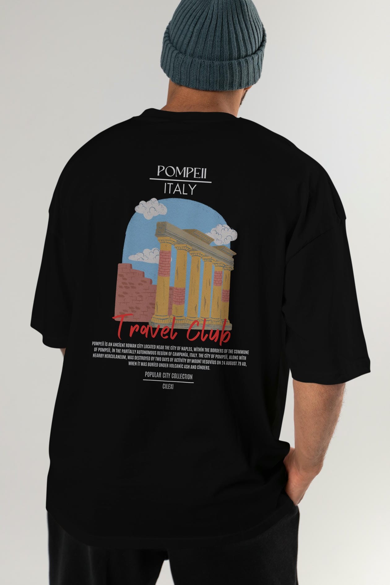 Pompeii İtaly Arka Baskılı Oversize t-shirt Erkek Kadın Pamuk Bisiklet Yaka tişort