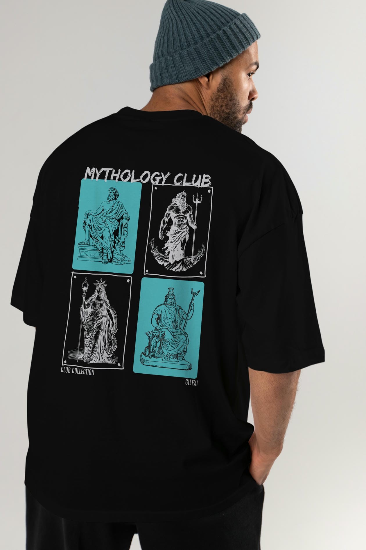 Mythology Club Arka Baskılı Oversize t-shirt Erkek Kadın %100 Pamuk Bisiklet Yaka tişort