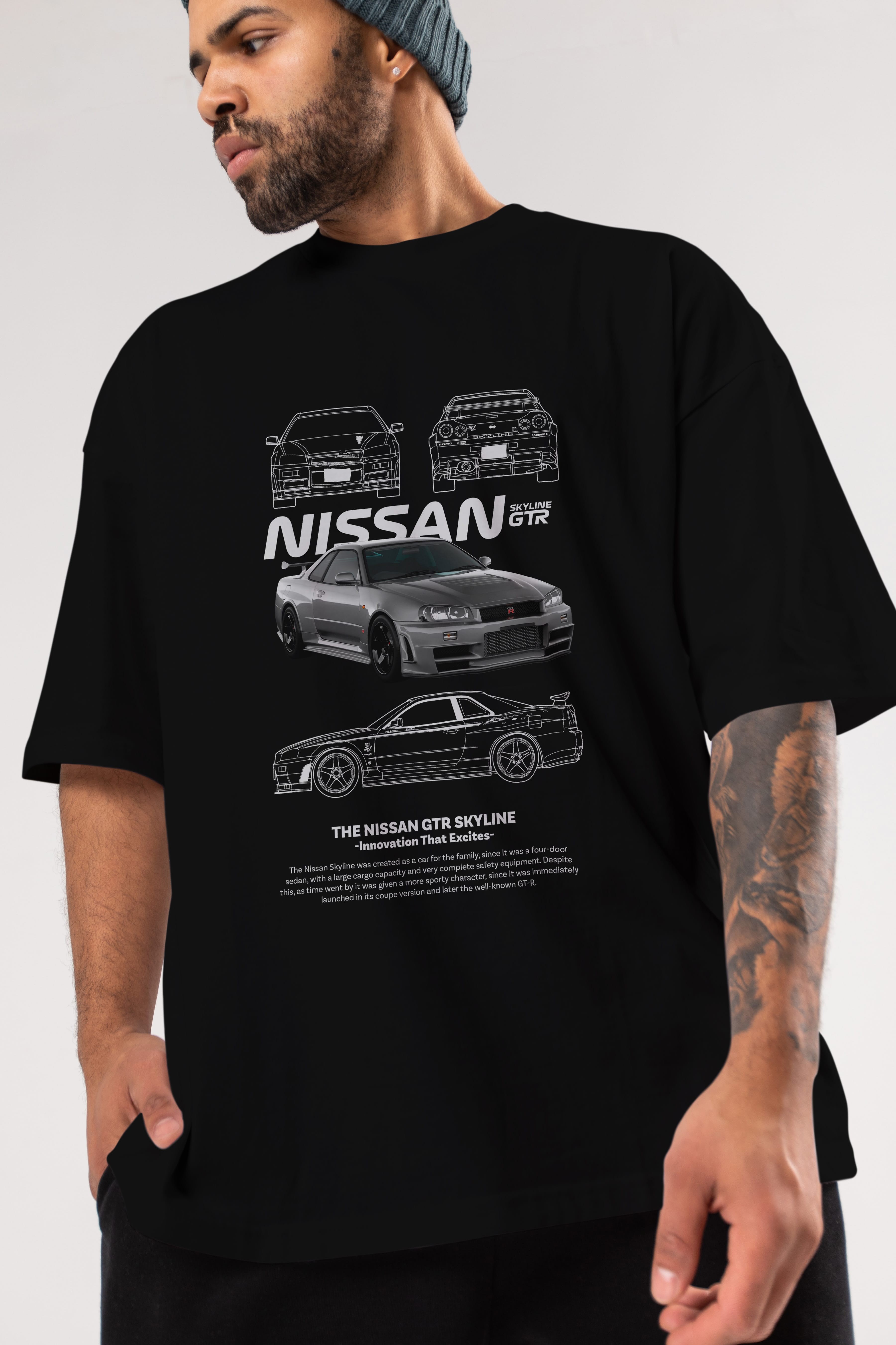 NISSAN SKYLINE GTR Ön Baskılı Oversize t-shirt Erkek Kadın Unisex %100 Pamuk Bisiklet Yaka tişort