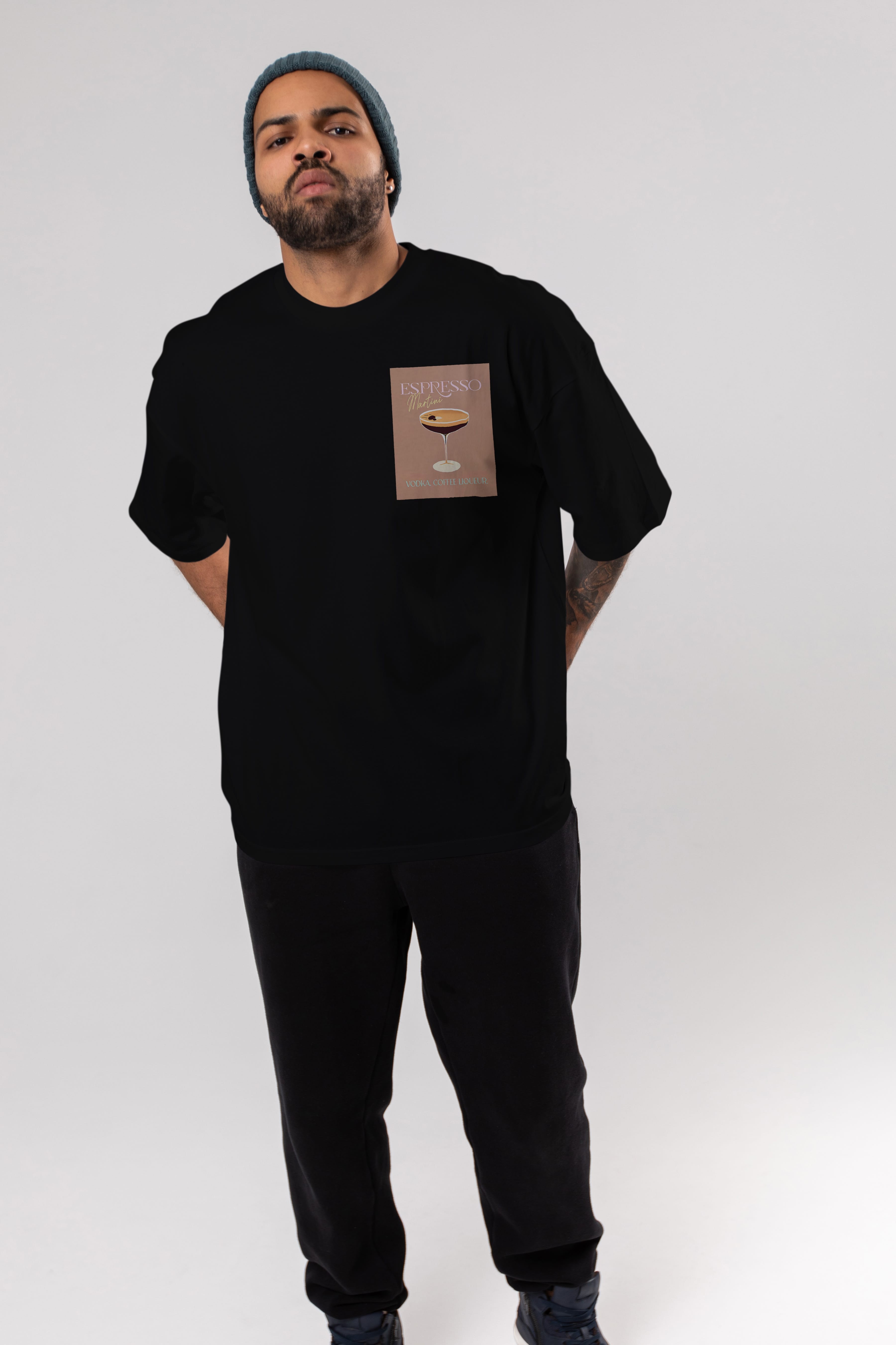 Espresso Martini Cocktail Ön Sol Baskılı Oversize t-shirt Erkek Kadın Unisex %100 Pamuk Bisiklet Yaka tişort