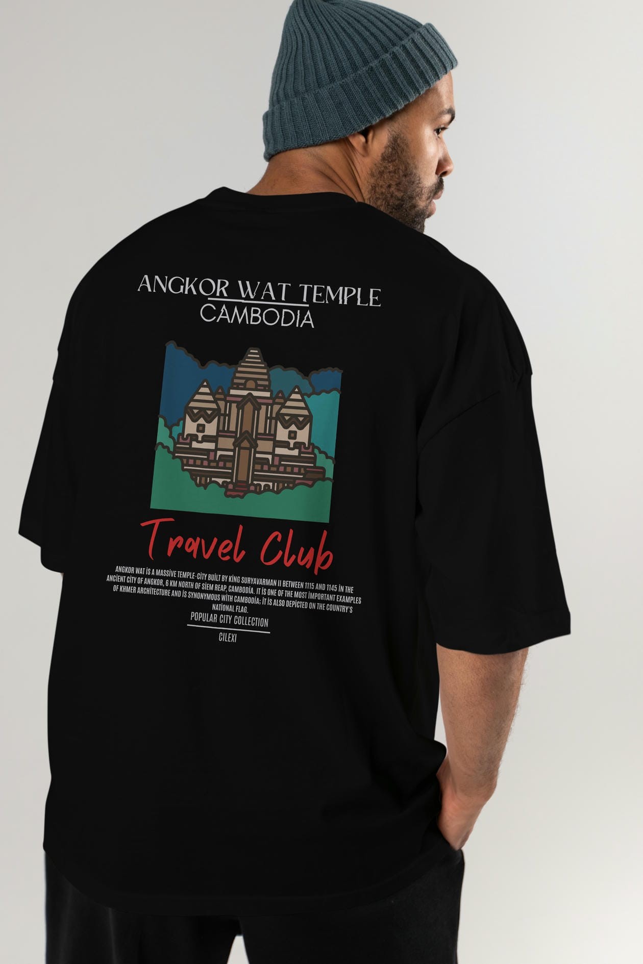 Angkor Wat Temple Cambodia Arka Baskılı Oversize t-shirt Erkek Kadın Pamuk Bisiklet Yaka tişort