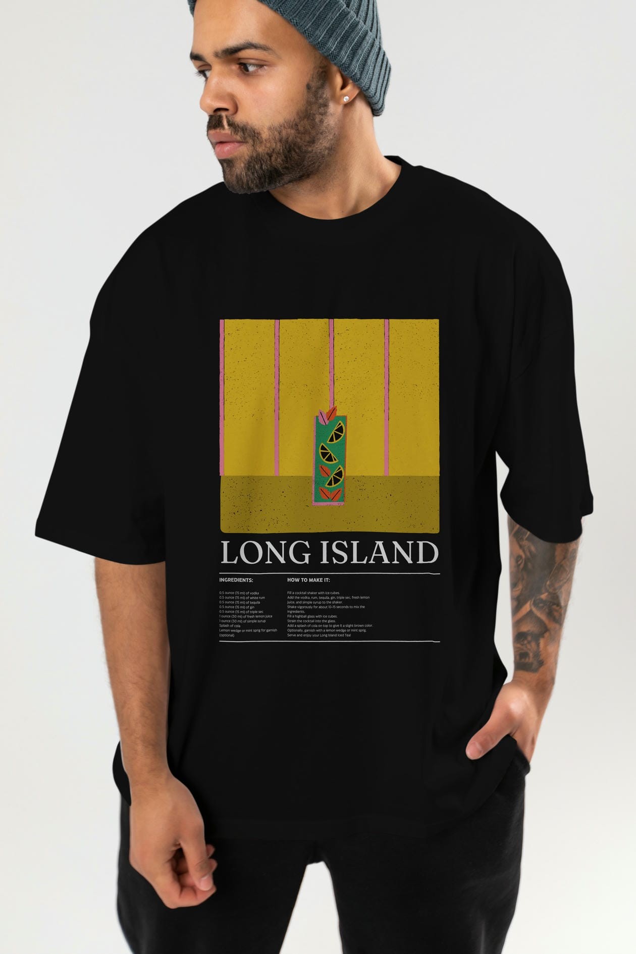 Long Island Kokteyl Ön Baskılı Oversize t-shirt Erkek Kadın %100 Pamuk Bisiklet Yaka tişort