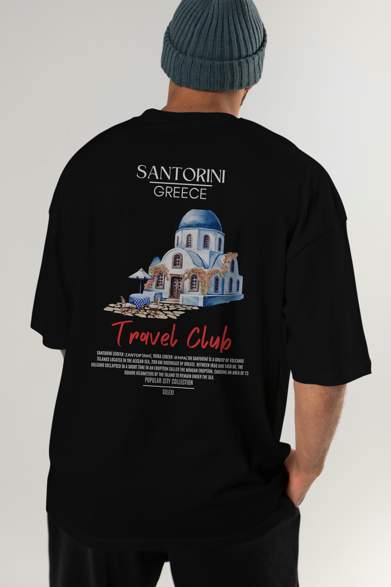 Santorini Greece Arka Baskılı Oversize t-shirt Erkek Kadın Pamuk Bisiklet Yaka tişort
