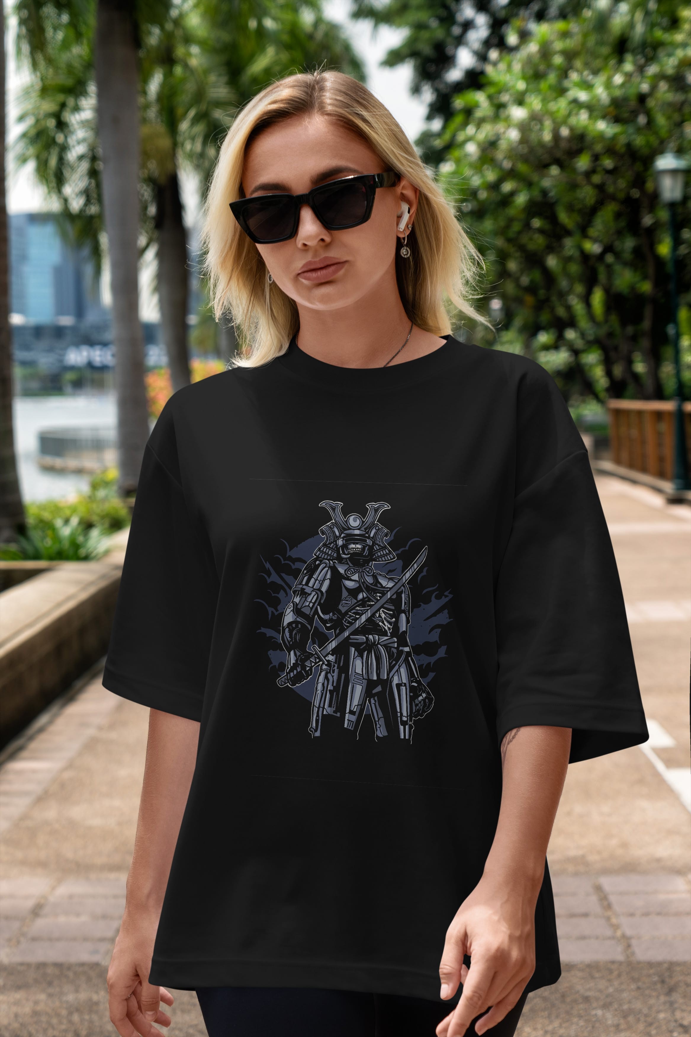 Samurai Robot Skull Ön Baskılı Oversize t-shirt Erkek Kadın Unisex %100 Pamuk tişort
