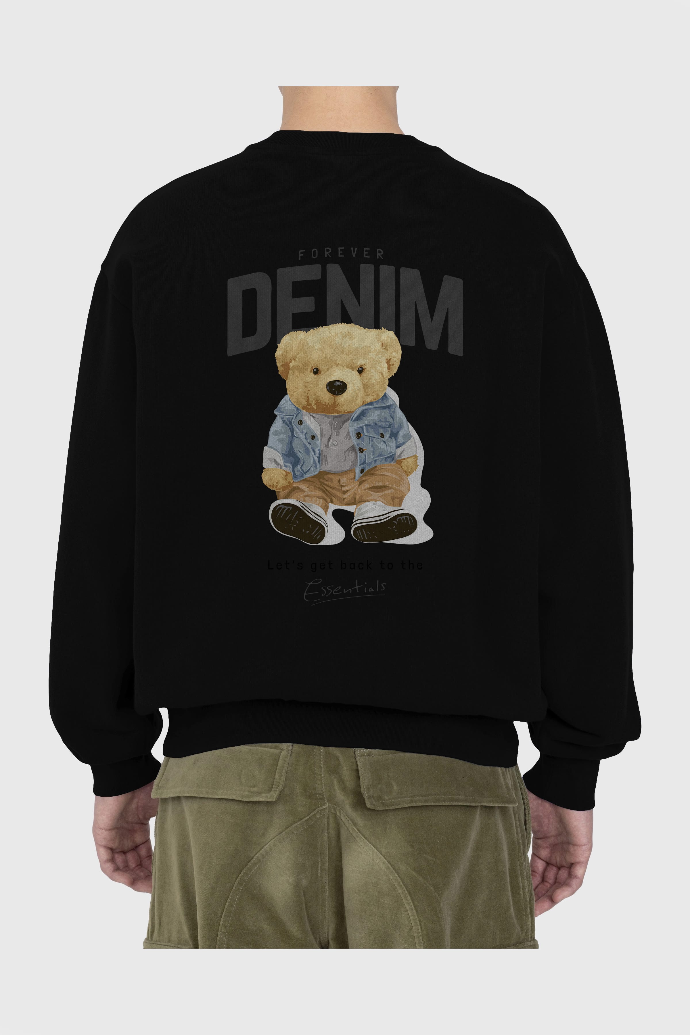 Teddy Bear Forever Denim Arka Baskılı Oversize Sweatshirt Erkek Kadın Unisex