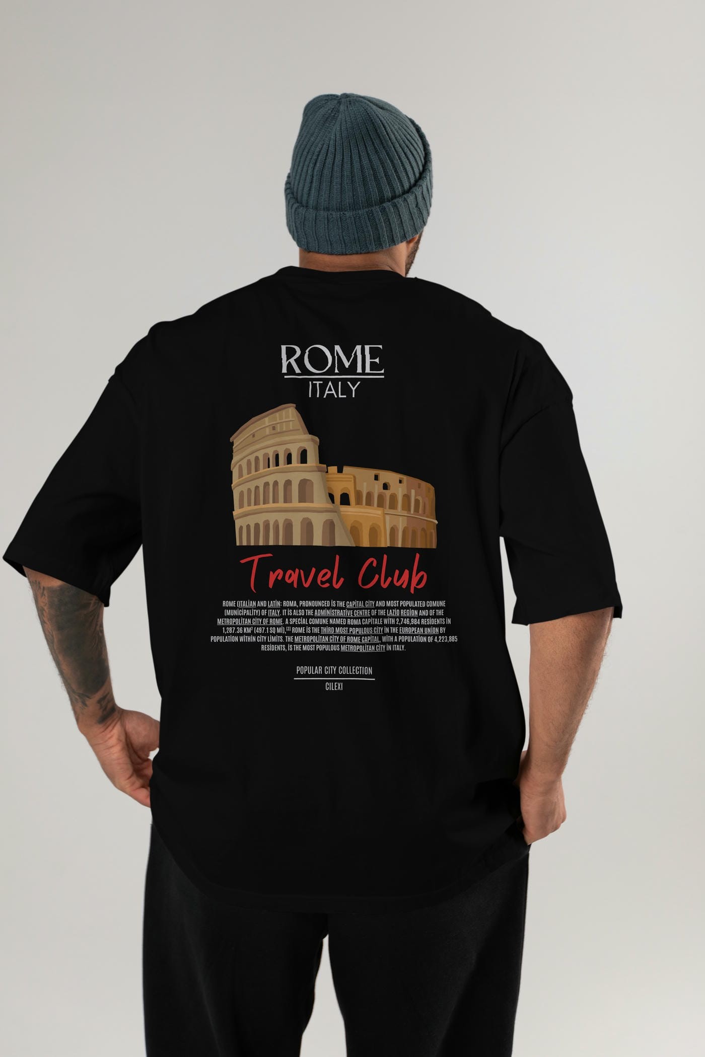 Roma İtaly Arka Baskılı Oversize t-shirt Erkek Kadın Pamuk Bisiklet Yaka tişort