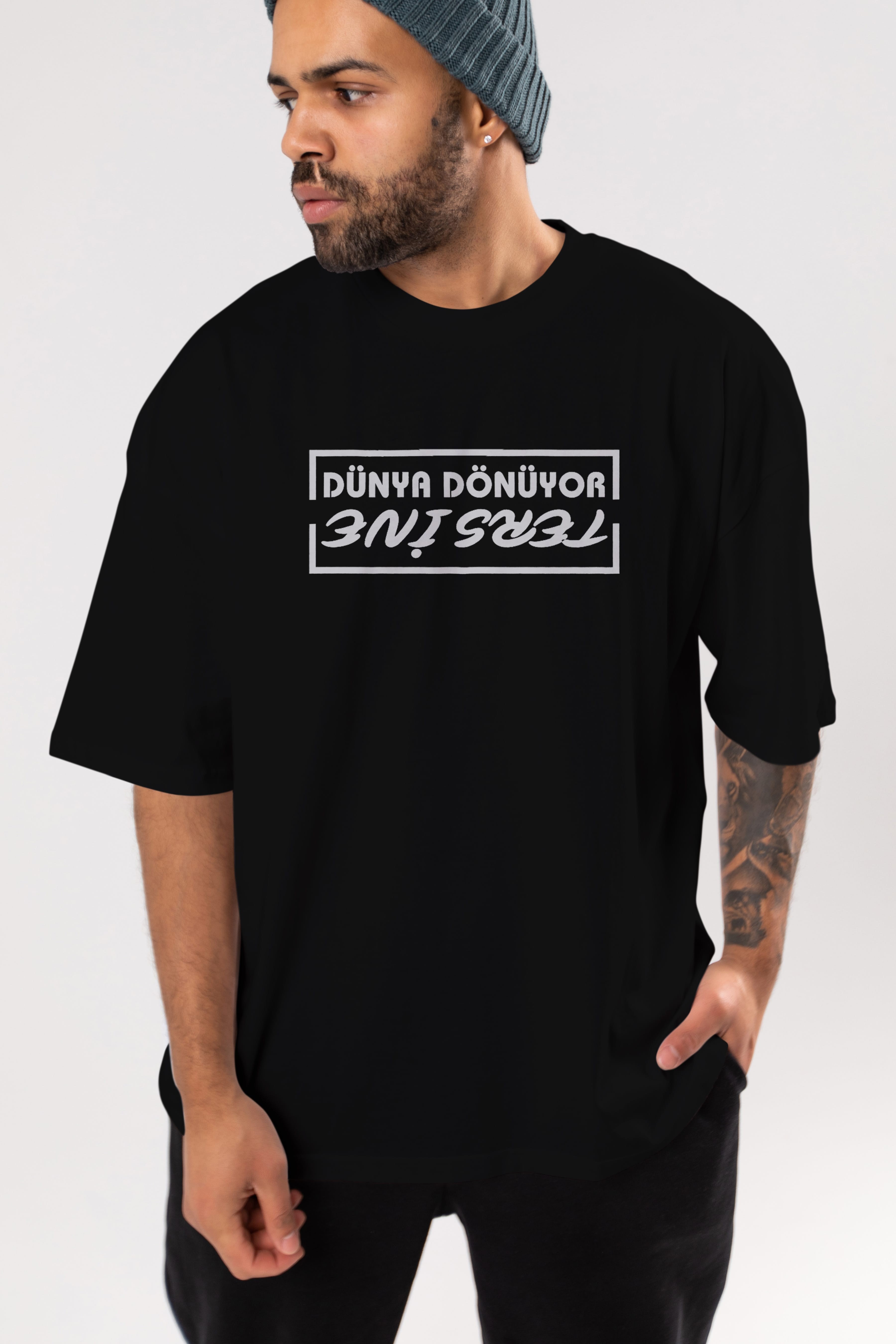 Dünya Dönüyor Tersine Ön Baskılı Oversize t-shirt %100 pamuk Erkek Kadın Unisex