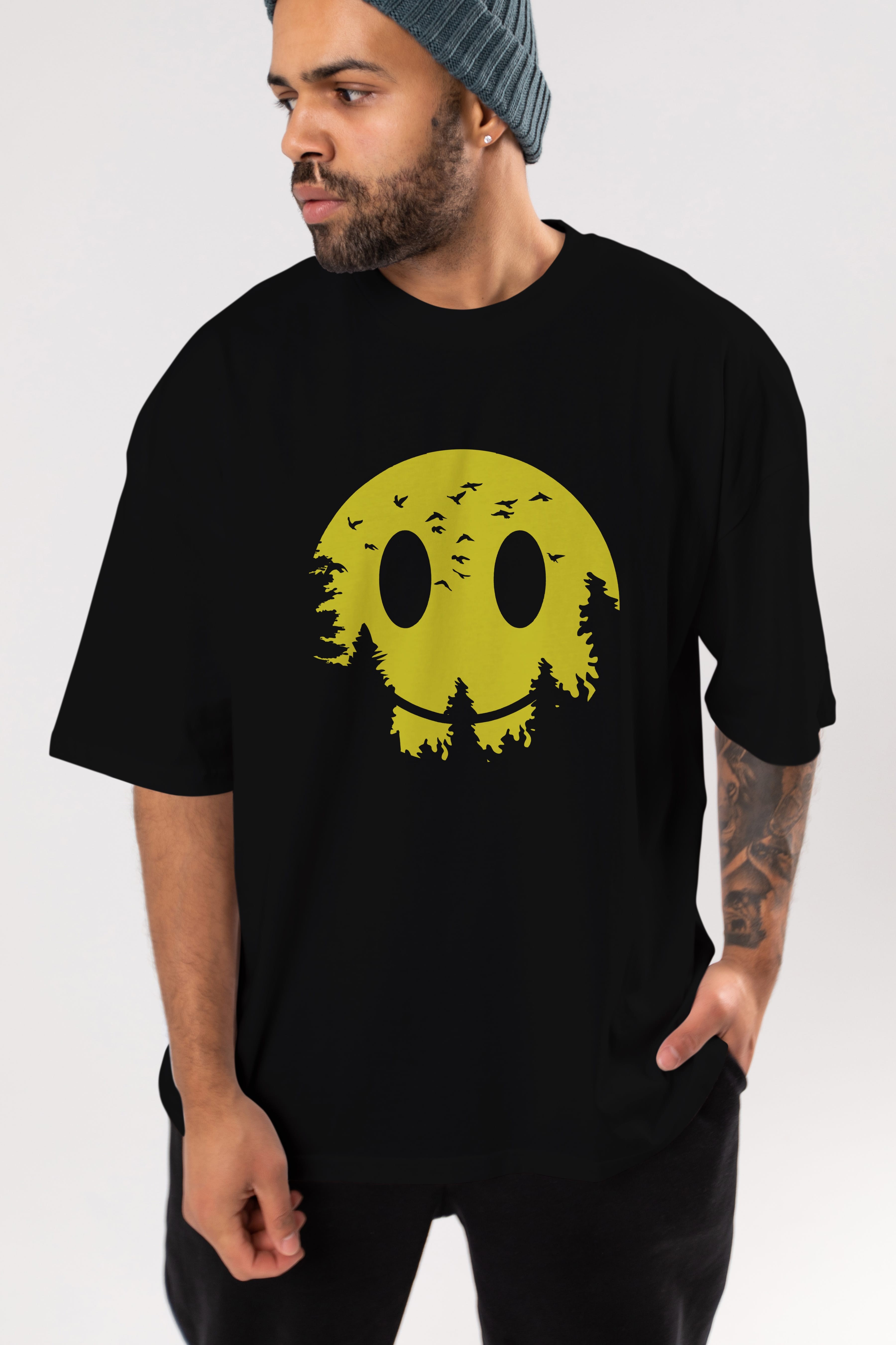 Smiley Moon Ön Baskılı Oversize t-shirt %100 pamuk Erkek Kadın Unisex