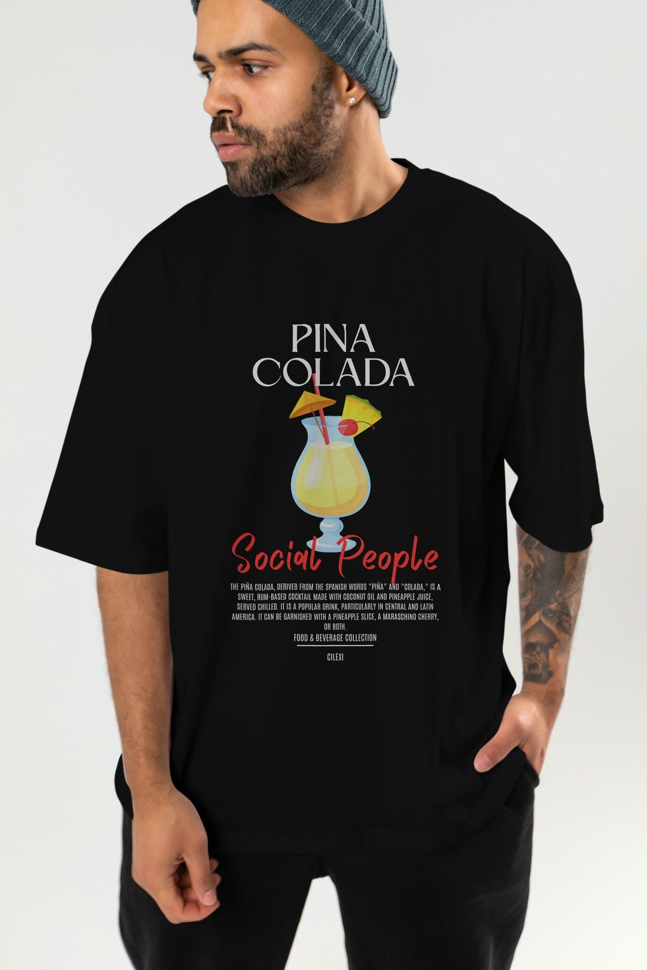 Pına Colada Kokteyl Serisi ön Baskılı Oversize t-shirt Erkek Kadın %100 Pamuk Bisiklet Yaka tişort