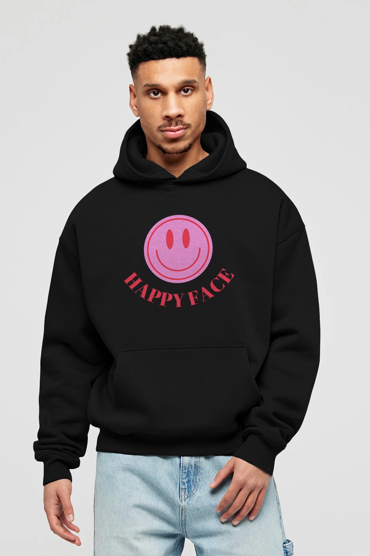 Happy Face Yazılı Ön Baskılı Oversize Hoodie Kapüşonlu Sweatshirt Erkek Kadın Unisex