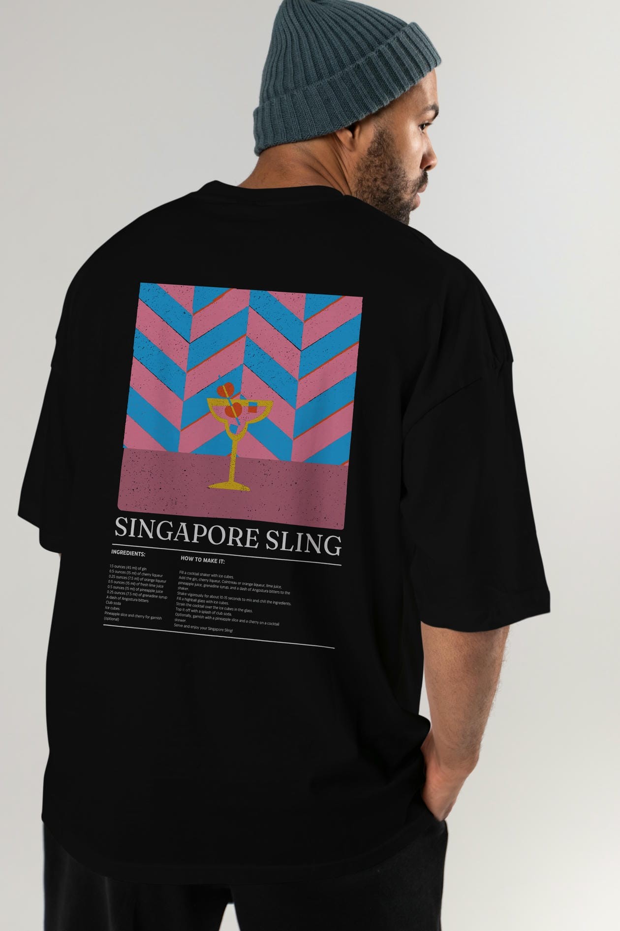 Singapore Sling Kokteyl Serisi Arka Baskılı Oversize t-shirt Erkek Kadın %100 Pamuk Bisiklet Yaka tişort