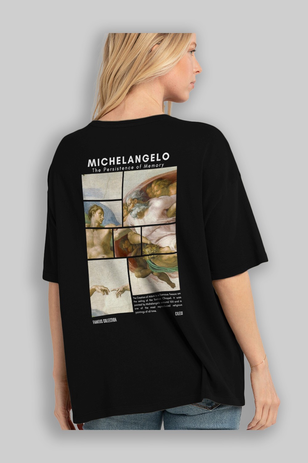 Michelangelo Arka Baskılı Oversize t-shirt Erkek Kadın Bisiklet Yaka Pamuk tişort