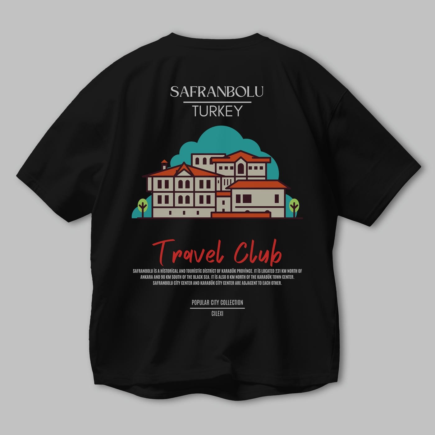 Safranbolu Turkey Arka Baskılı Oversize t-shirt Erkek Kadın Pamuk Bisiklet Yaka tişort