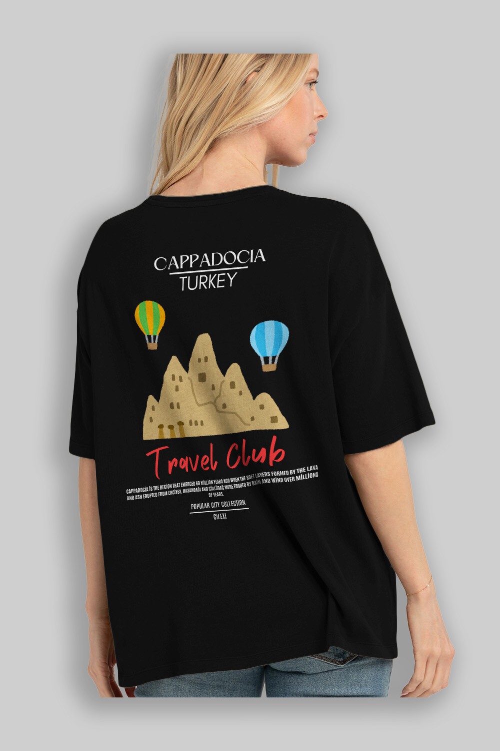 Cappadocia Turkey Arka Baskılı Oversize t-shirt Erkek Kadın Pamuk Bisiklet Yaka tişort