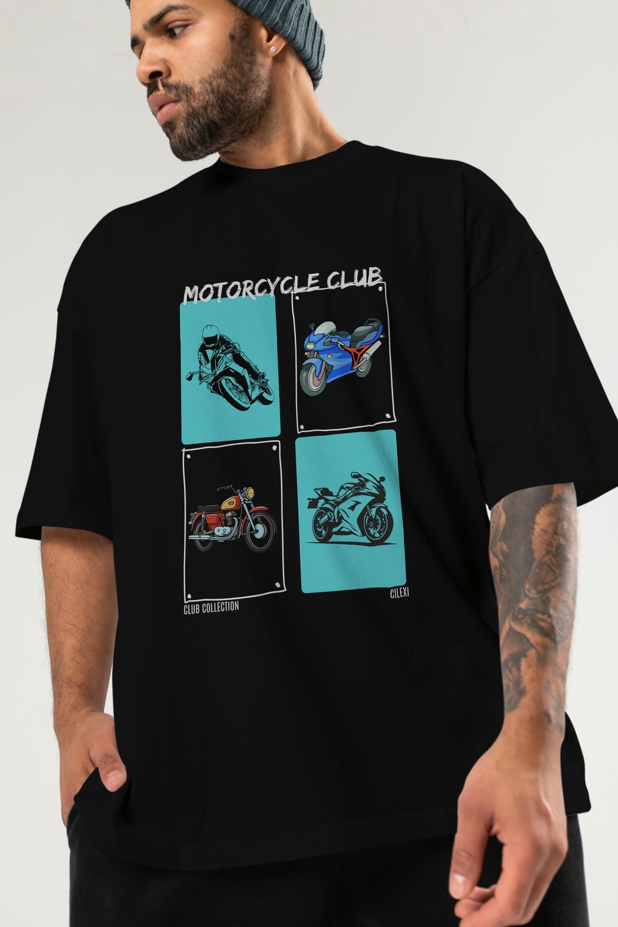 Motorcycle Club ön Baskılı Oversize t-shirt Erkek Kadın %100 Pamuk Bisiklet Yaka tişort
