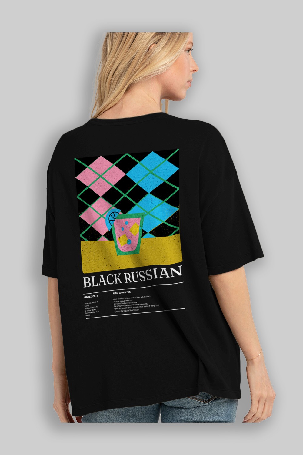 Black Russian Kokteyl Serisi Arka Baskılı Oversize t-shirt Erkek Kadın %100 Pamuk Bisiklet Yaka tişort