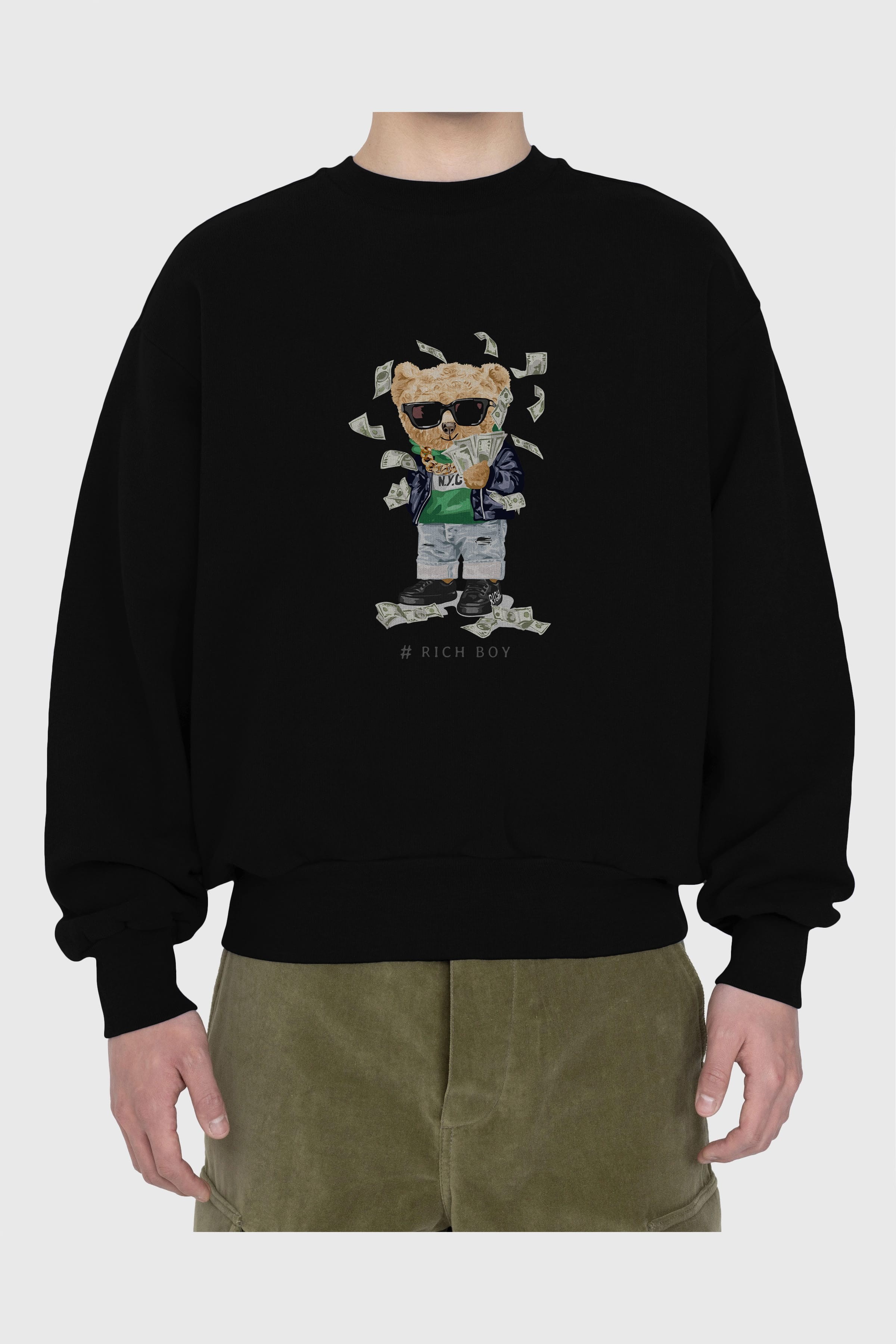Teddy Bear Rich Boy Ön Baskılı Oversize Sweatshirt Erkek Kadın Unisex