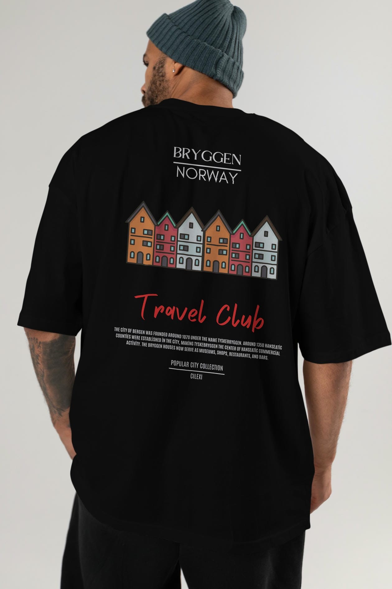 Bryggen Norway Arka Baskılı Oversize t-shirt Erkek Kadın Pamuk Bisiklet Yaka tişort