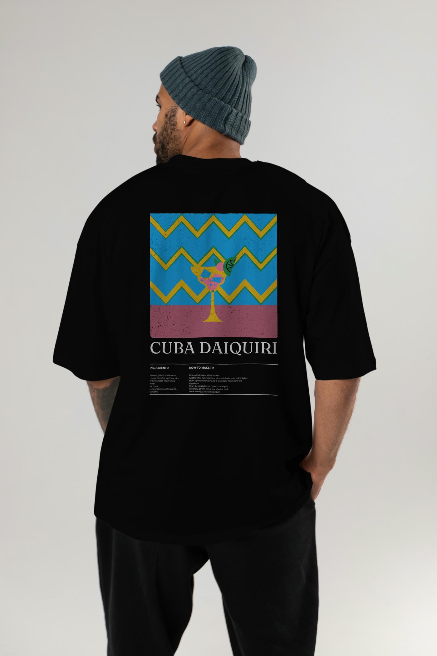 Cuba Daiquiri Kokteyl Serisi Arka Baskılı Oversize t-shirt Erkek Kadın %100 Pamuk Bisiklet Yaka tişort