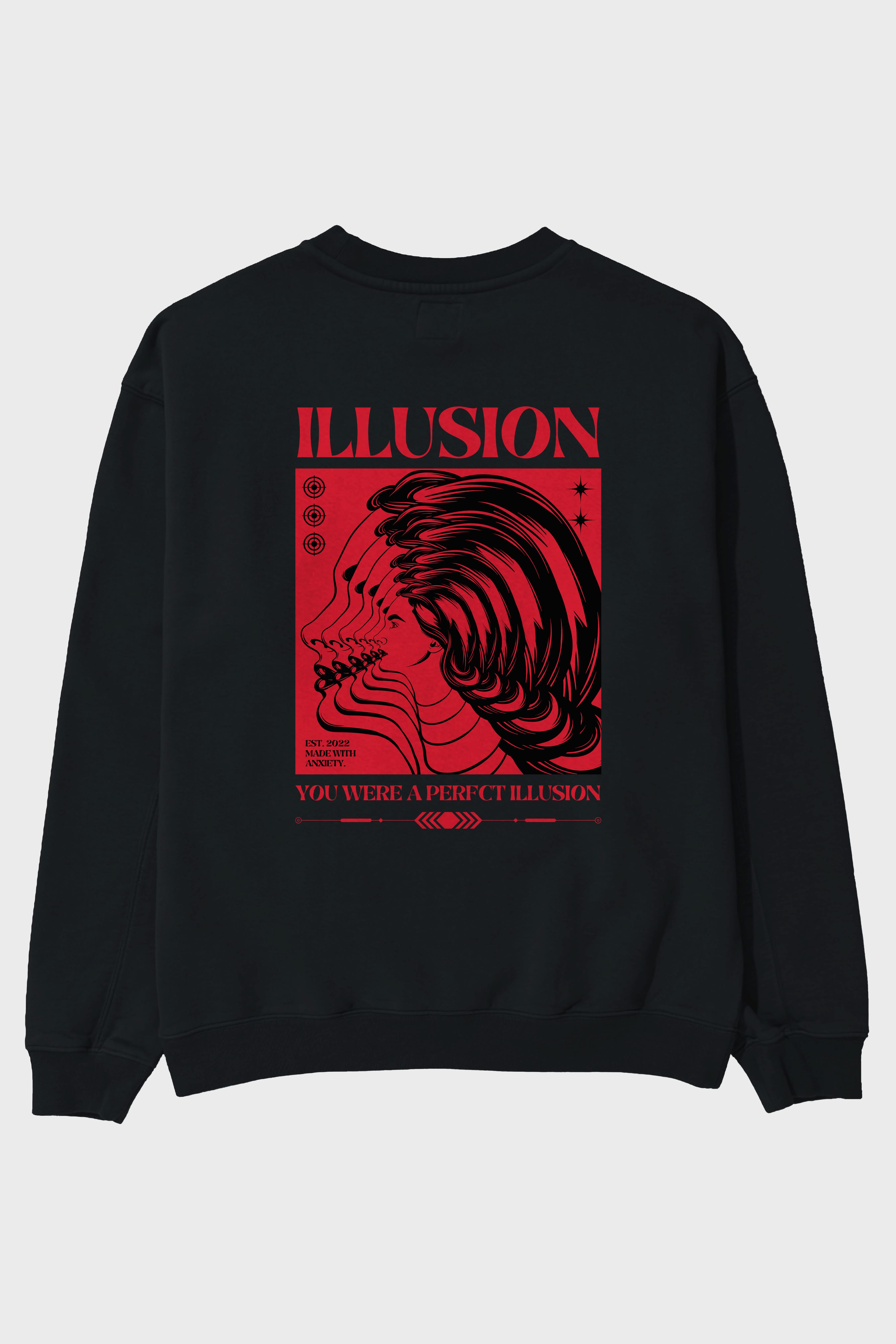 Illusion Streetwear Arka Baskılı Oversize Sweatshirt Erkek Kadın Unisex