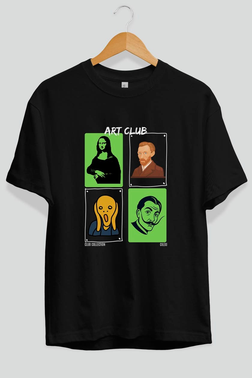 Art Club ön Baskılı Oversize t-shirt Erkek Kadın %100 Pamuk Bisiklet Yaka tişort
