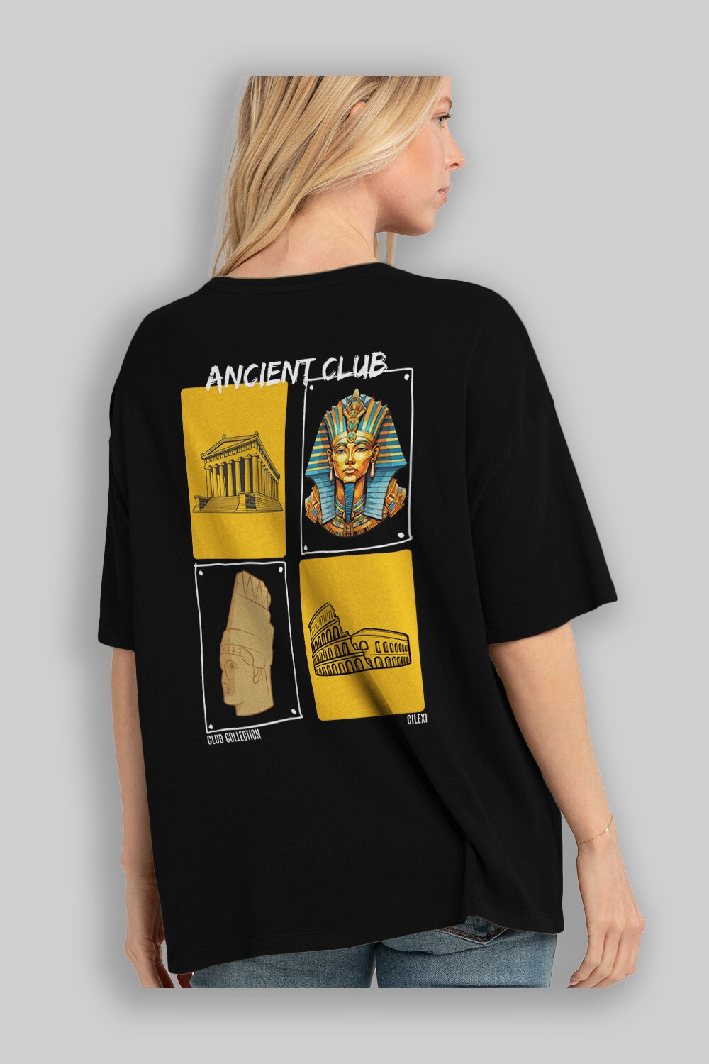 Ancient Club Arka Baskılı Oversize t-shirt Erkek Kadın %100 Pamuk Bisiklet Yaka tişort