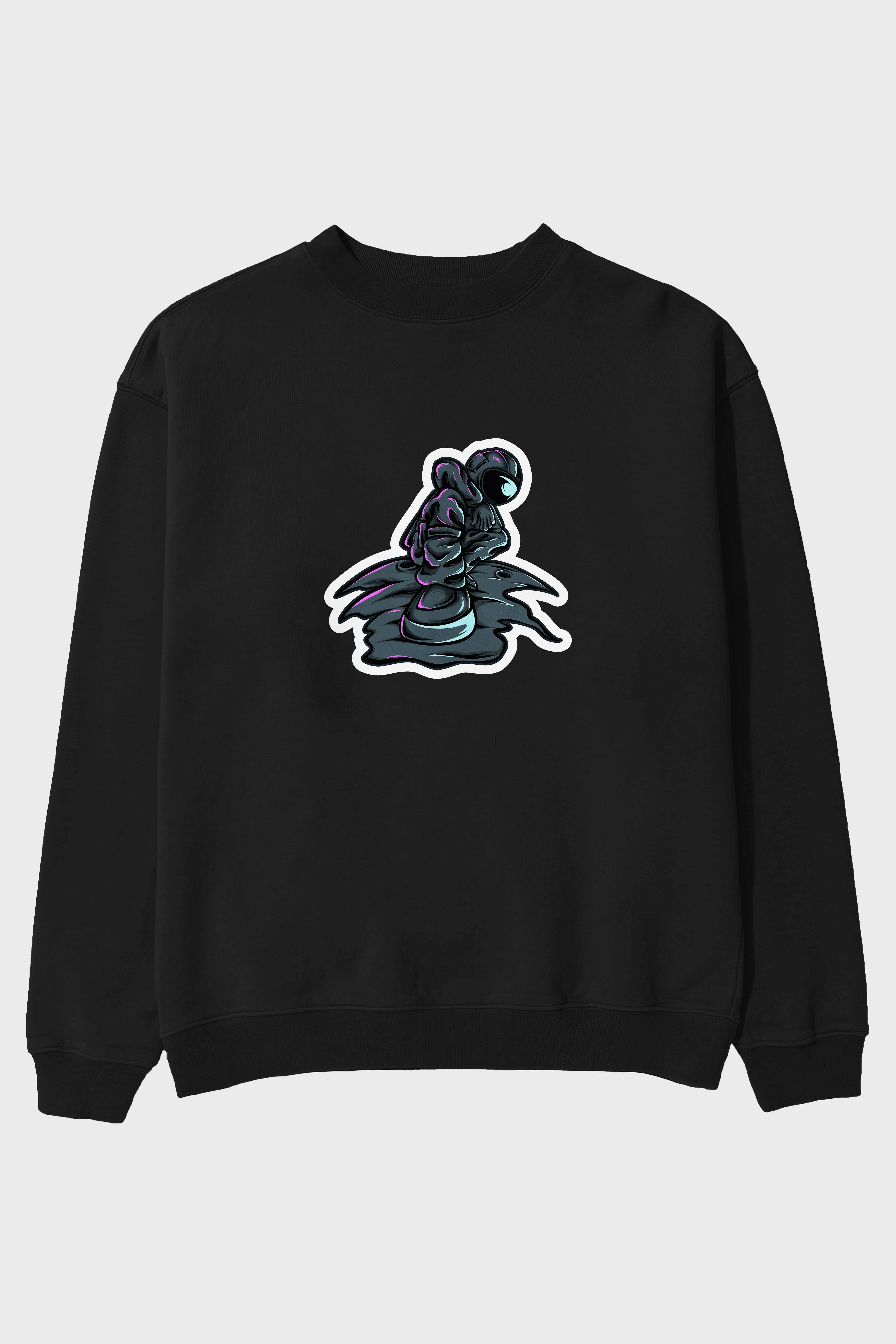 Stylish Astronaut Sticker Ön Baskılı Oversize Sweatshirt Erkek Kadın Unisex