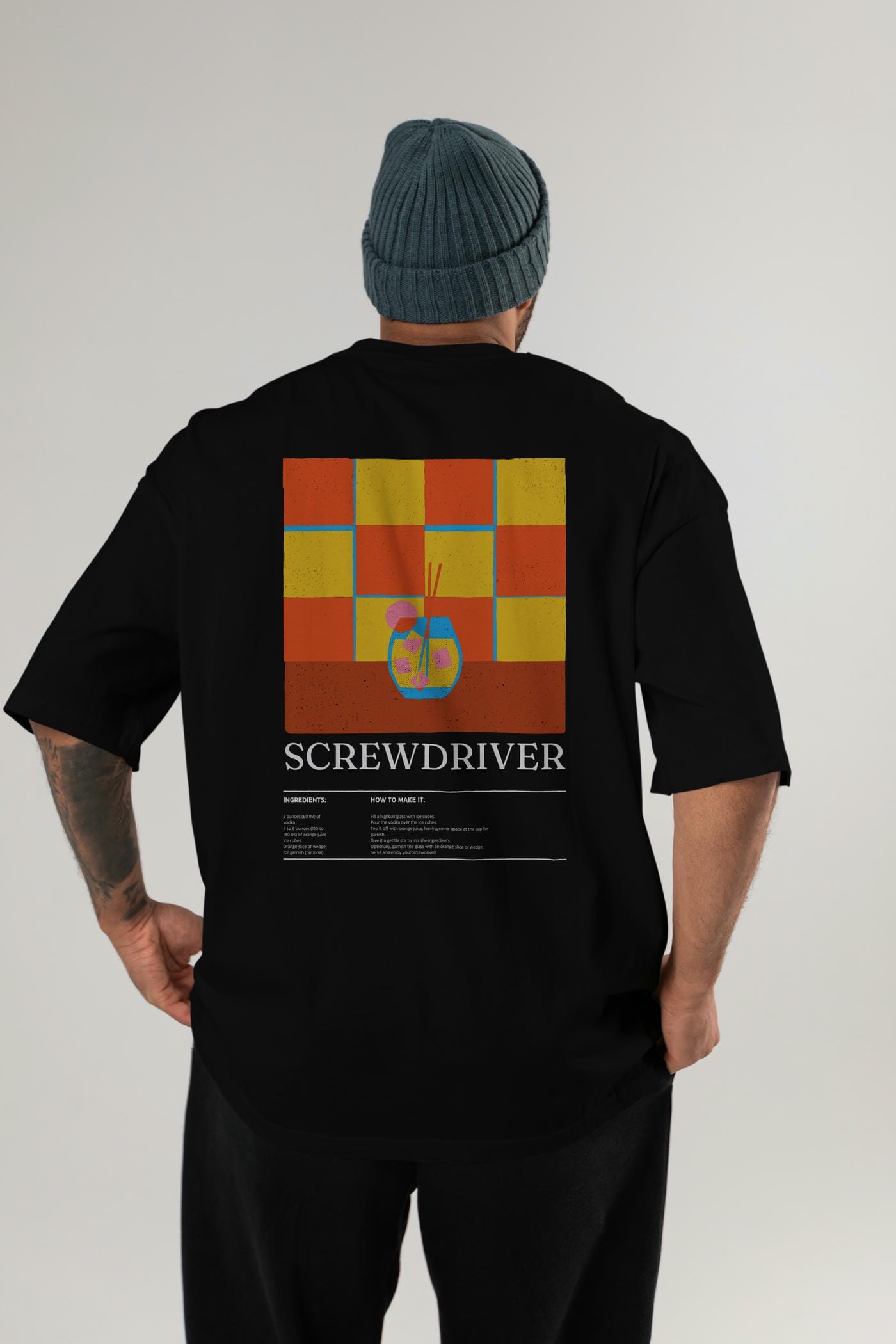Screwdriver Kokteyl Serisi Arka Baskılı Oversize t-shirt Erkek Kadın %100 Pamuk Bisiklet Yaka tişort