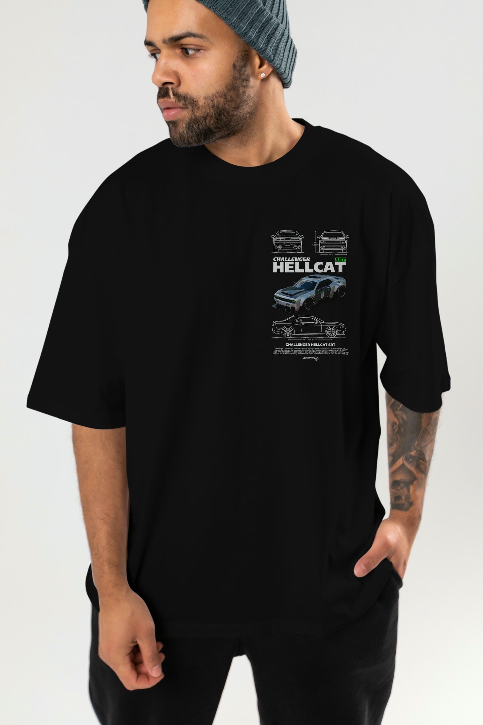 Challenger Hellcat SRT Ön Sol Baskılı Oversize t-shirt Erkek Kadın Unisex %100 Pamuk Bisiklet Yaka tişort