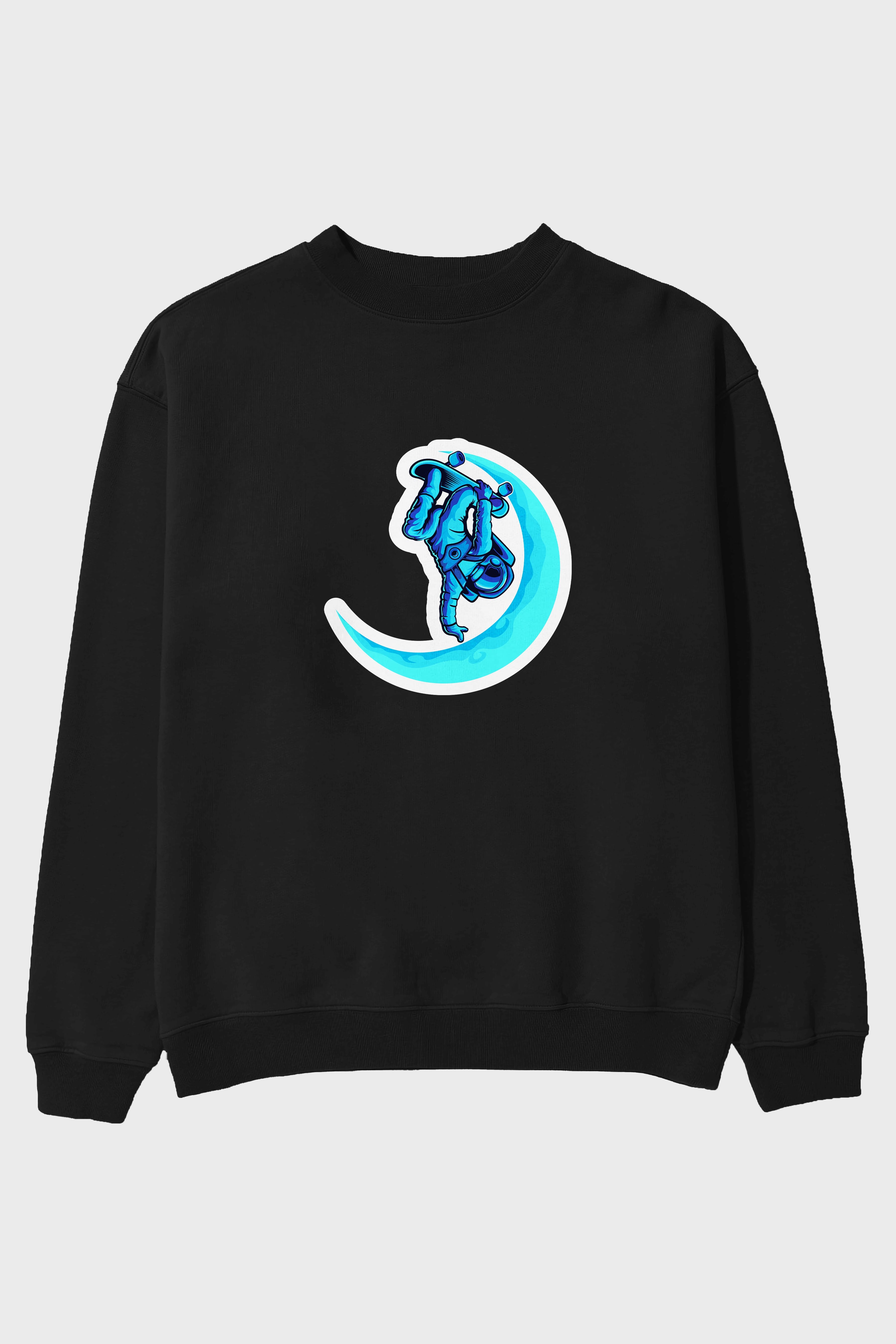 Skating on the moon sticker Ön Baskılı Oversize Sweatshirt Erkek Kadın Unisex