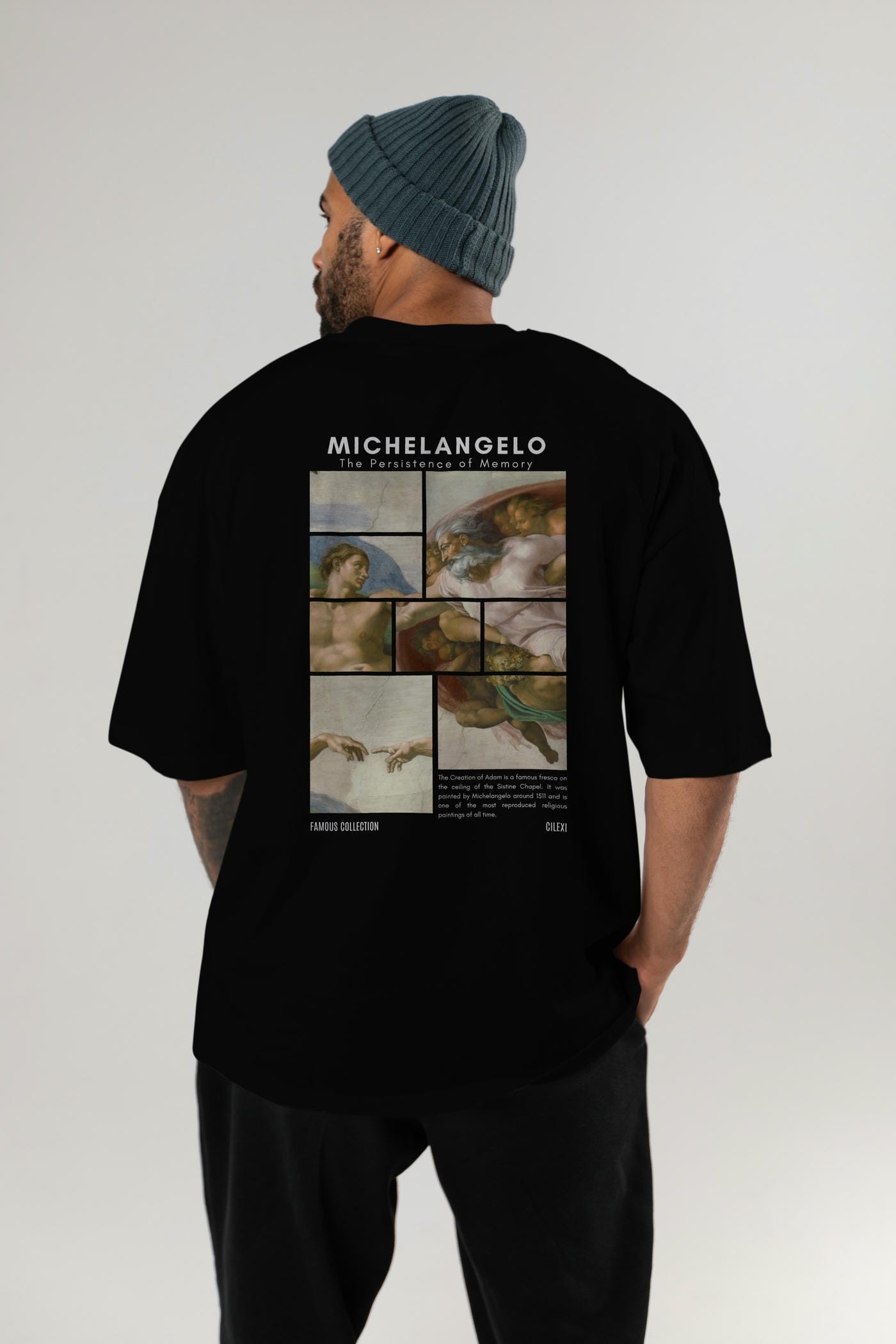 Michelangelo Arka Baskılı Oversize t-shirt Erkek Kadın Bisiklet Yaka Pamuk tişort