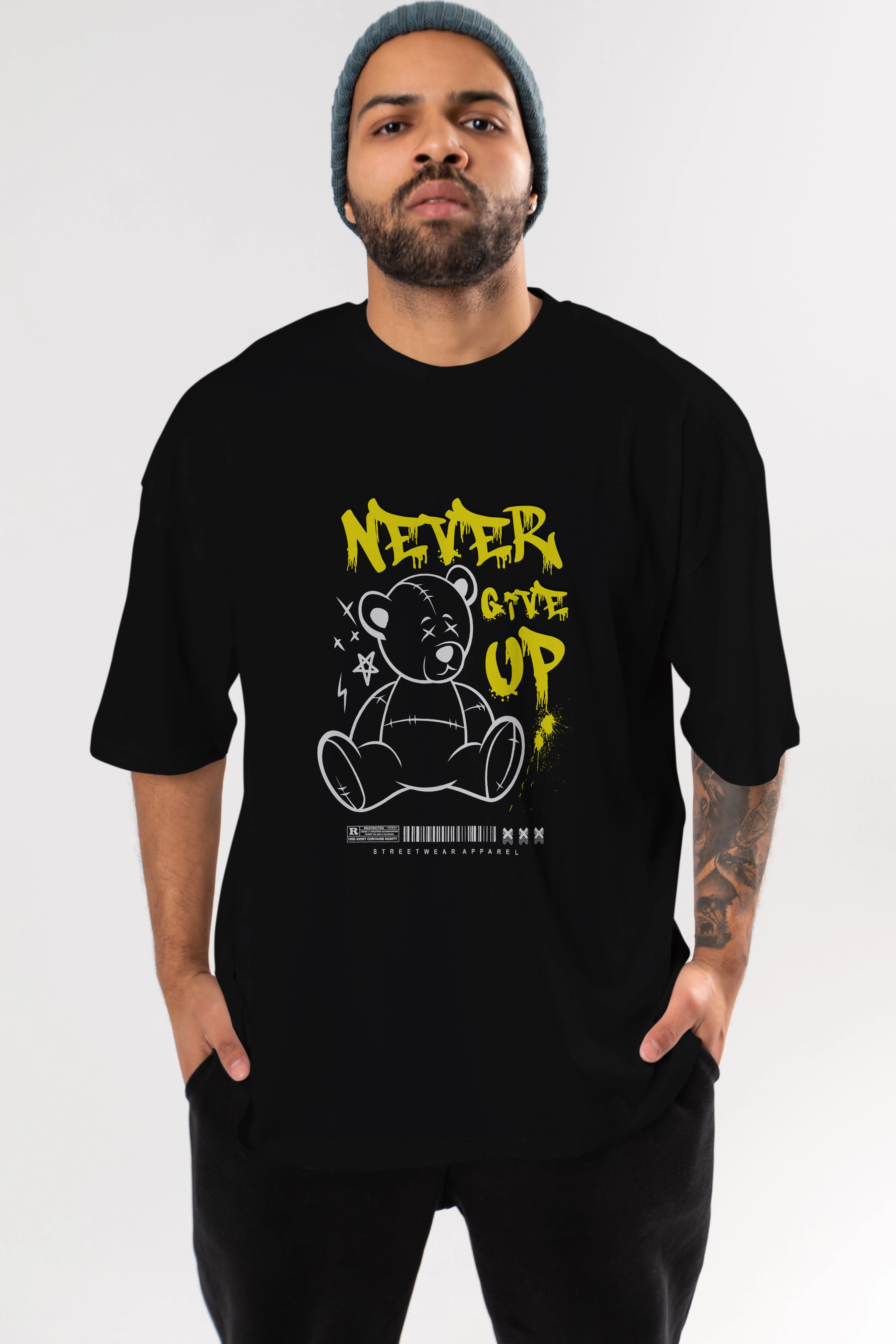 Teddy Bear Never Give Up Ön Baskılı Oversize t-shirt Erkek Kadın Unisex
