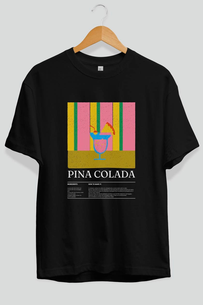 Pina Colada Kokteyl Ön Baskılı Oversize t-shirt Erkek Kadın %100 Pamuk Bisiklet Yaka tişort