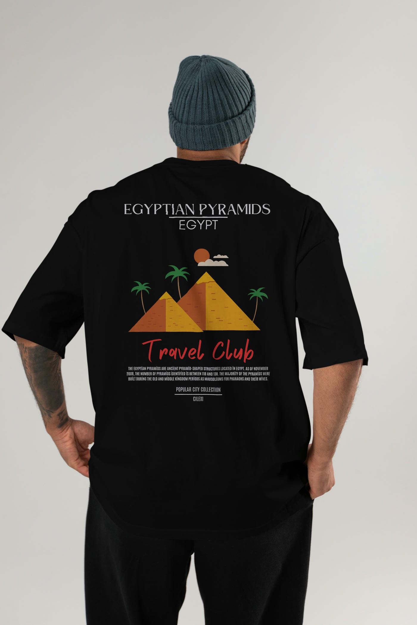 Egyptian Pyramids Egypt Arka Baskılı Oversize t-shirt Erkek Kadın Pamuk Bisiklet Yaka tişort