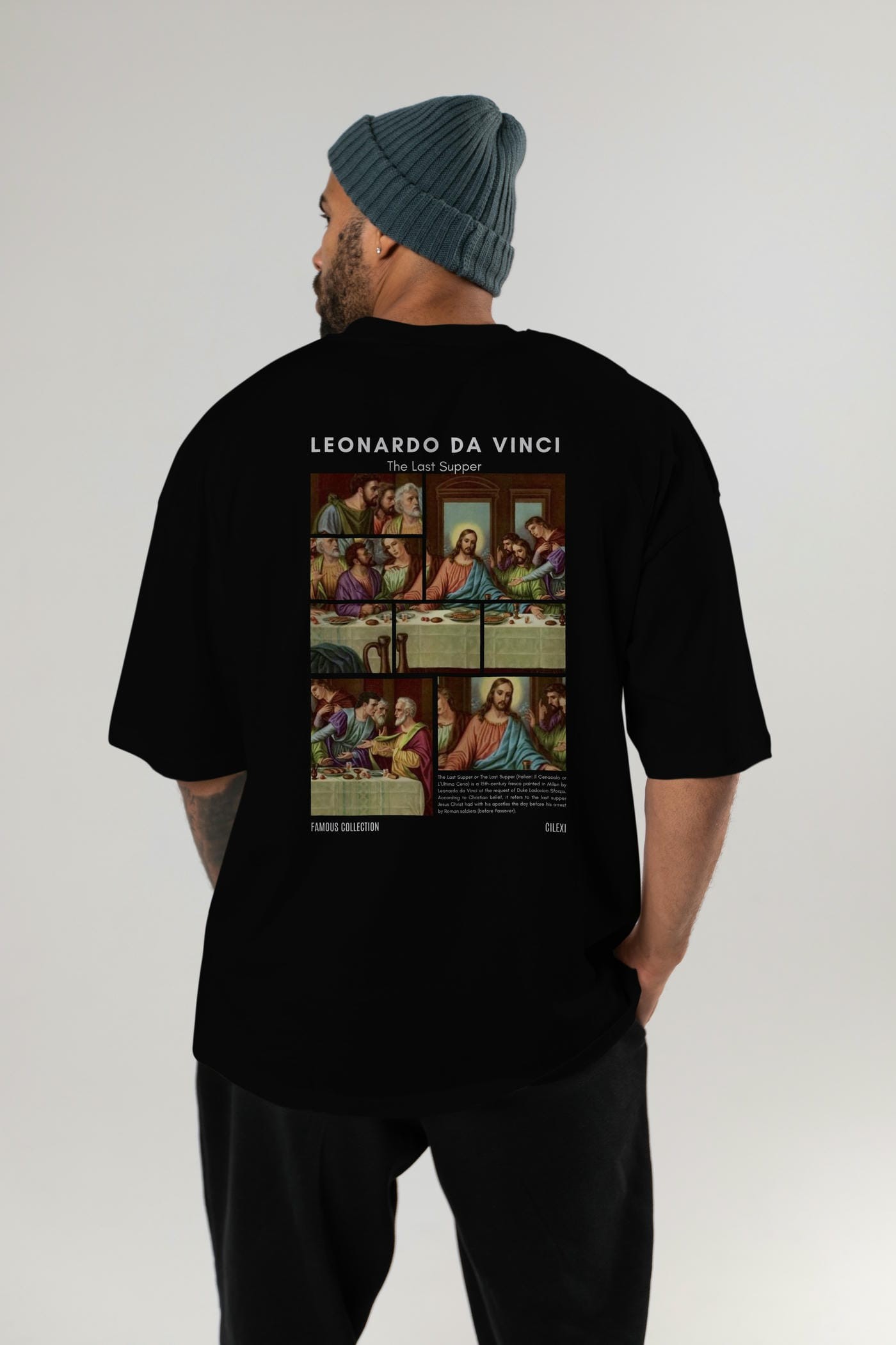 Leonardo Da Vinci Arka Baskılı Oversize t-shirt Erkek Kadın Bisiklet Yaka Pamuk tişort